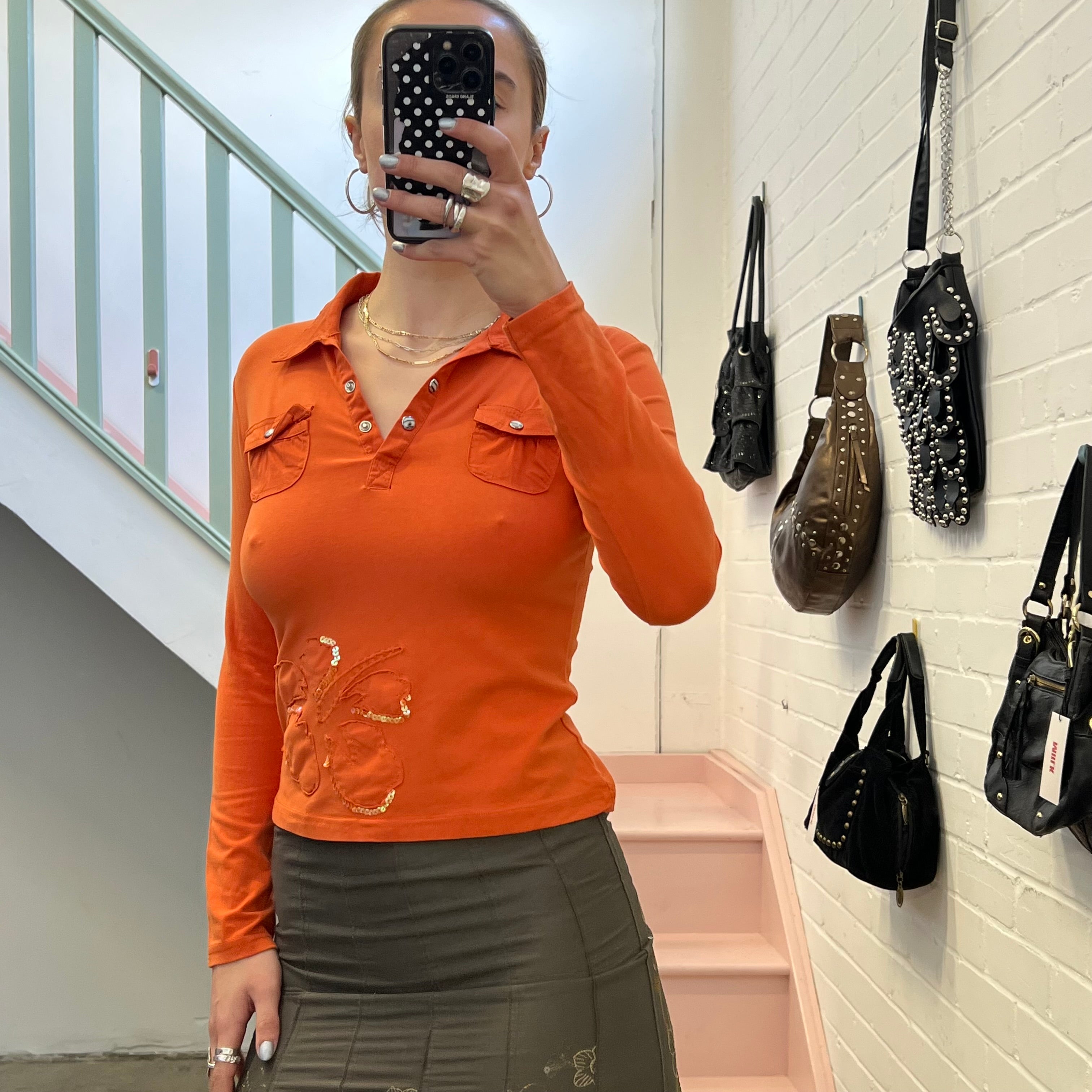 Orange sequin vintage polo top