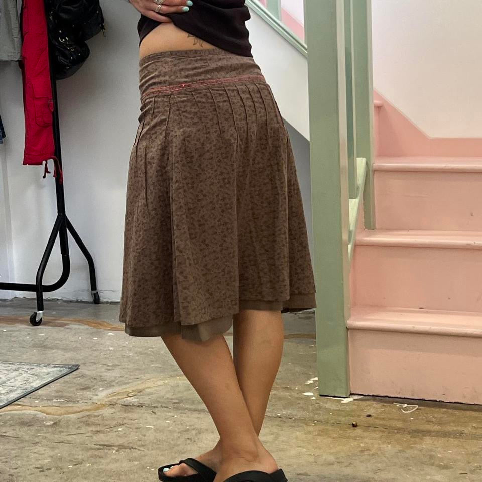 Brown ditsy floral midi skirt