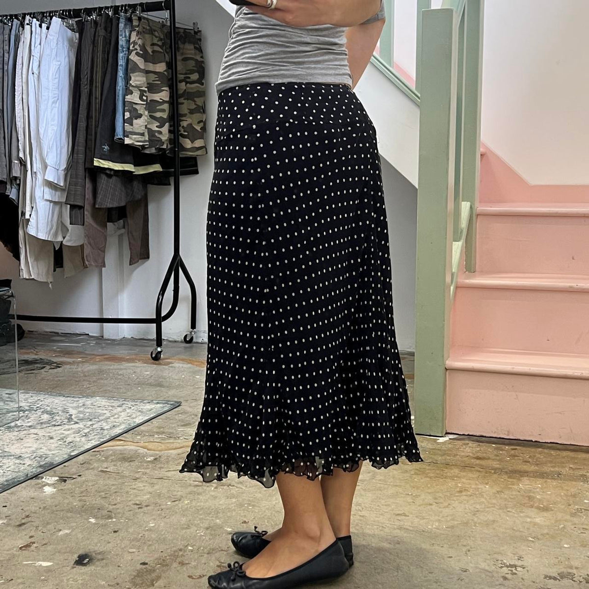 Black and grey polka dot maxi skirt