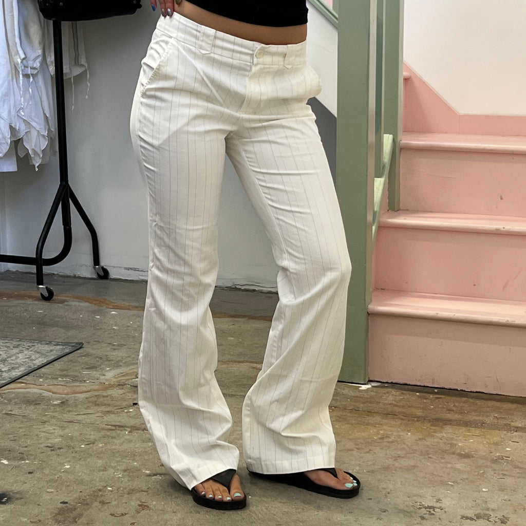 White pinstripe tailored wide leg trousers