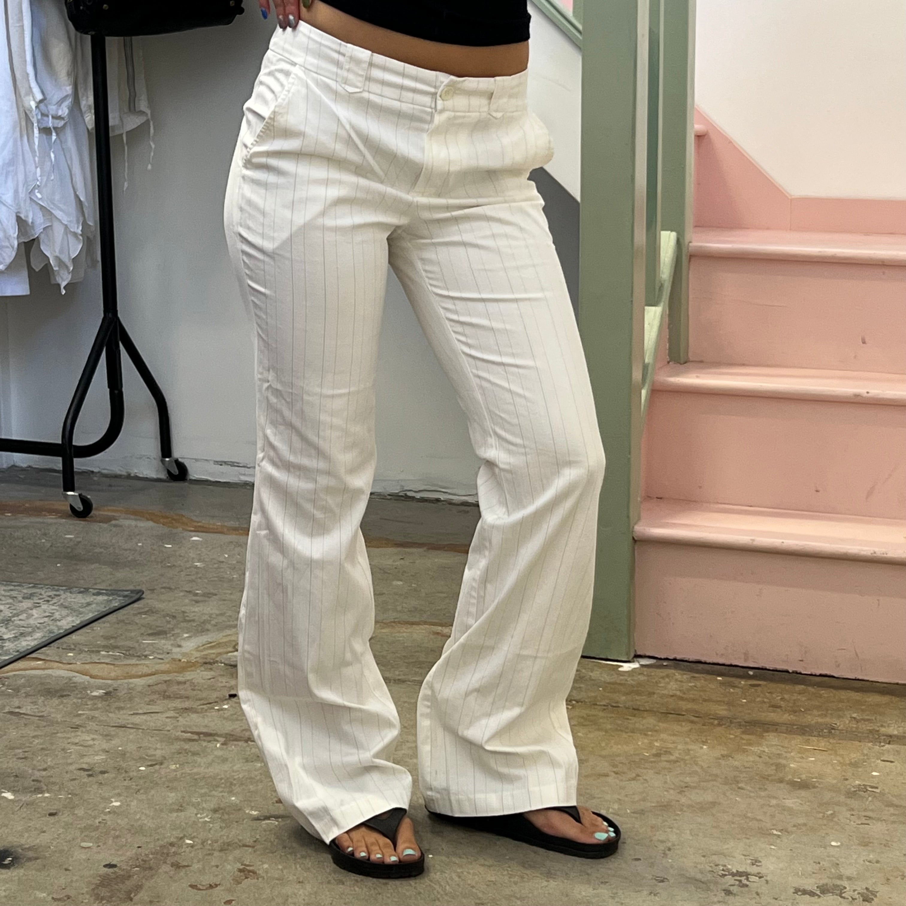 White pinstripe tailored wide leg trousers