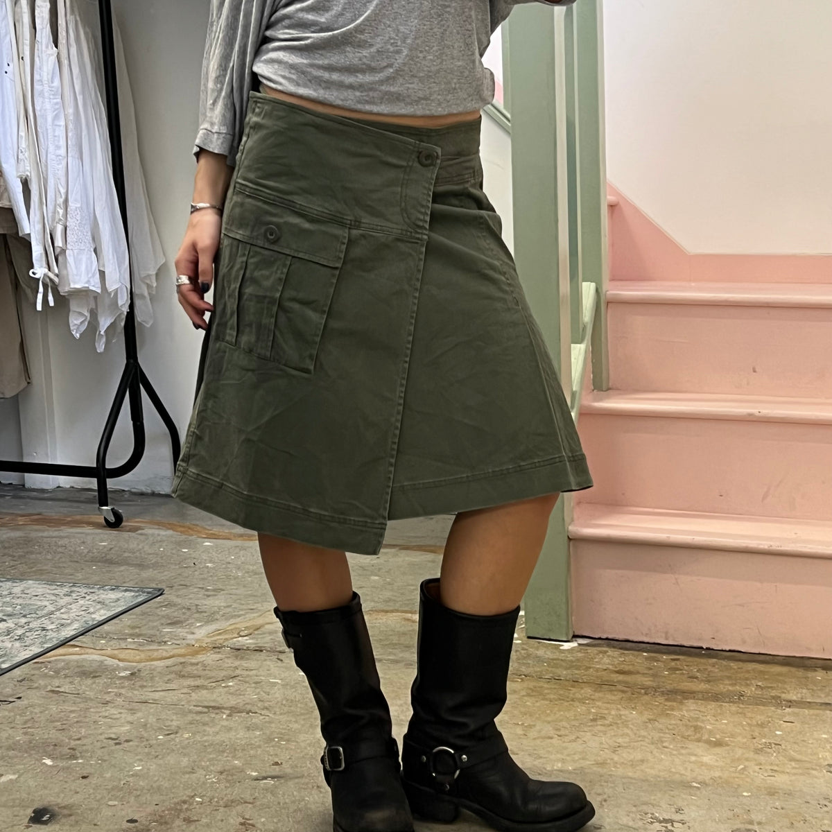 Sisley khaki pleated wrap around skirt