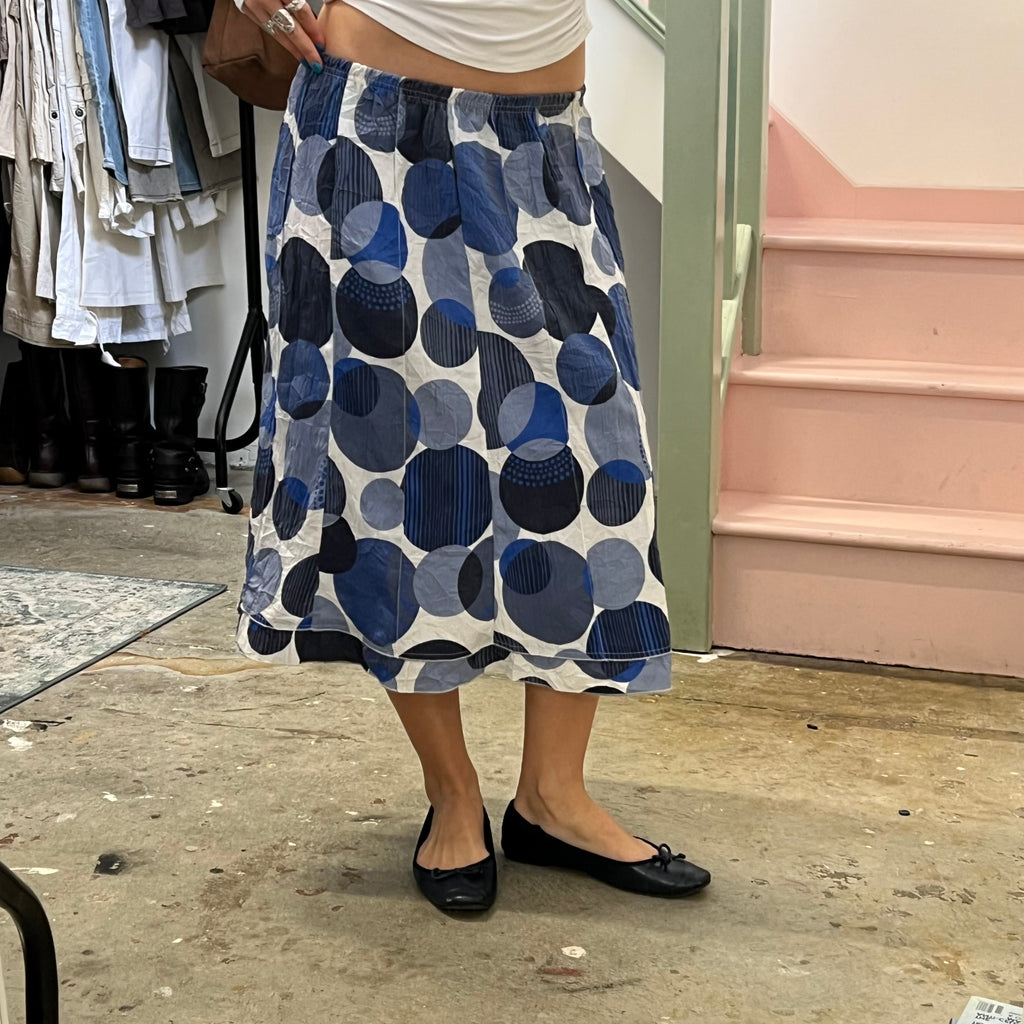 Blue and white geo print polka dot maxi skirt
