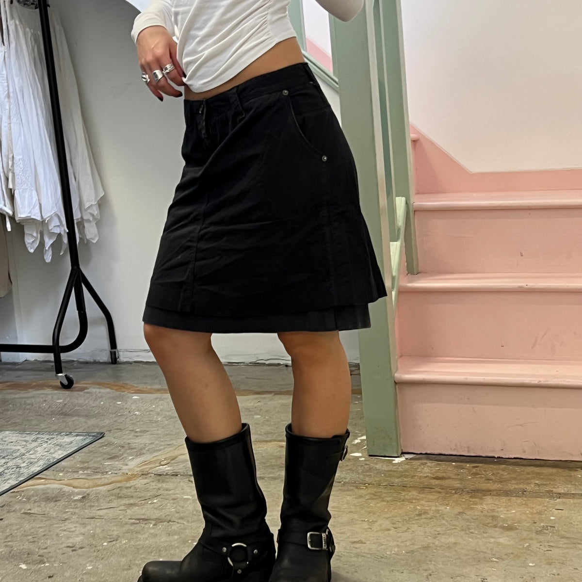 Black layered cargo knee length skirt