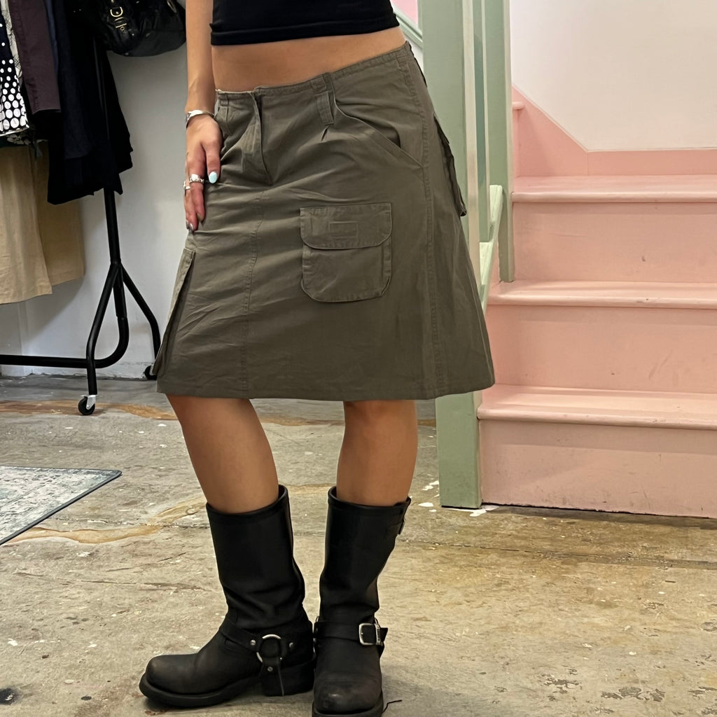 Khaki cargo midi skirt