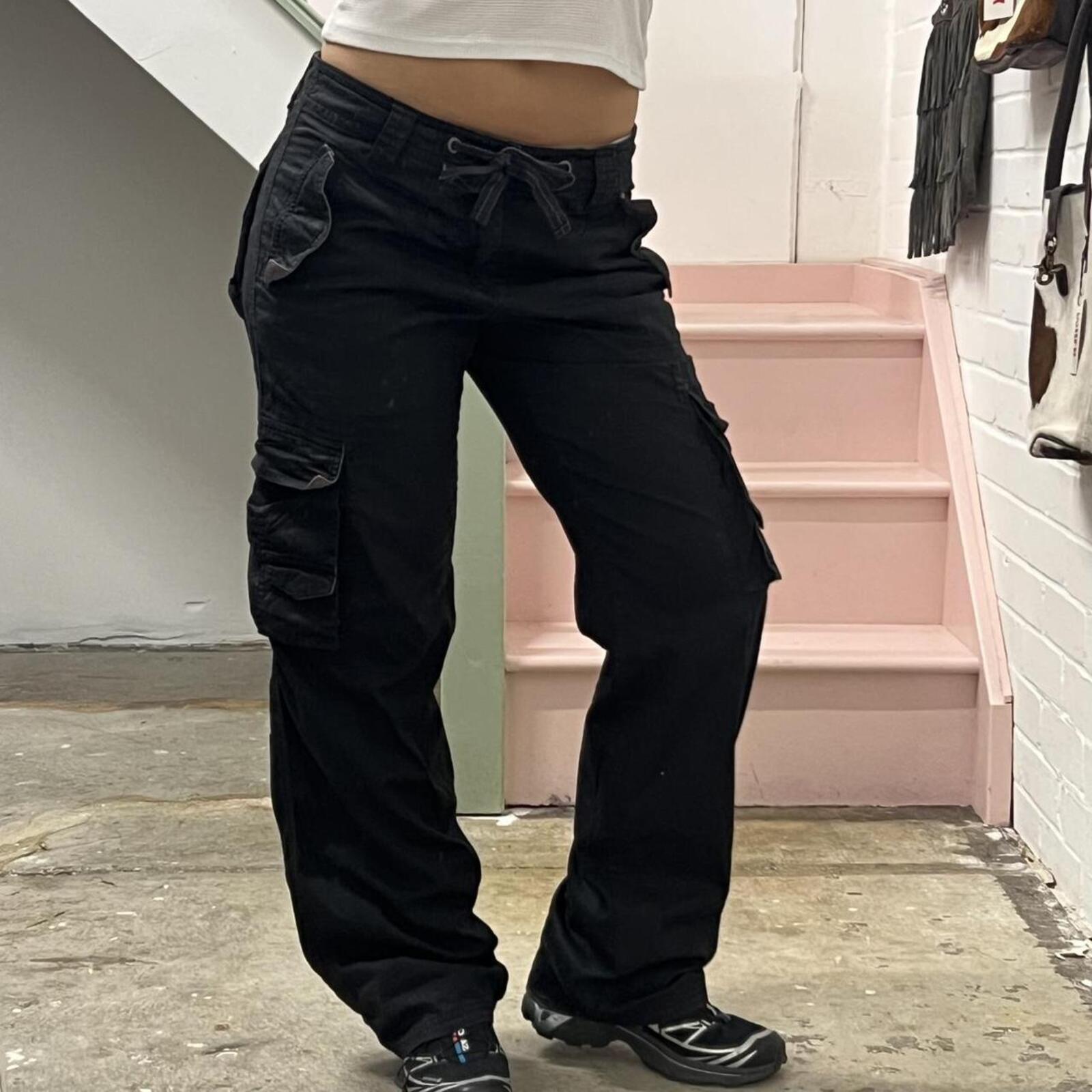 Black wide leg low rise vintage cargo trousers with tie waist
