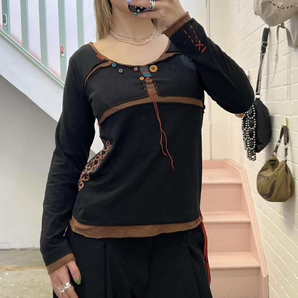 black archival vintage top with buttons and contrast stitching