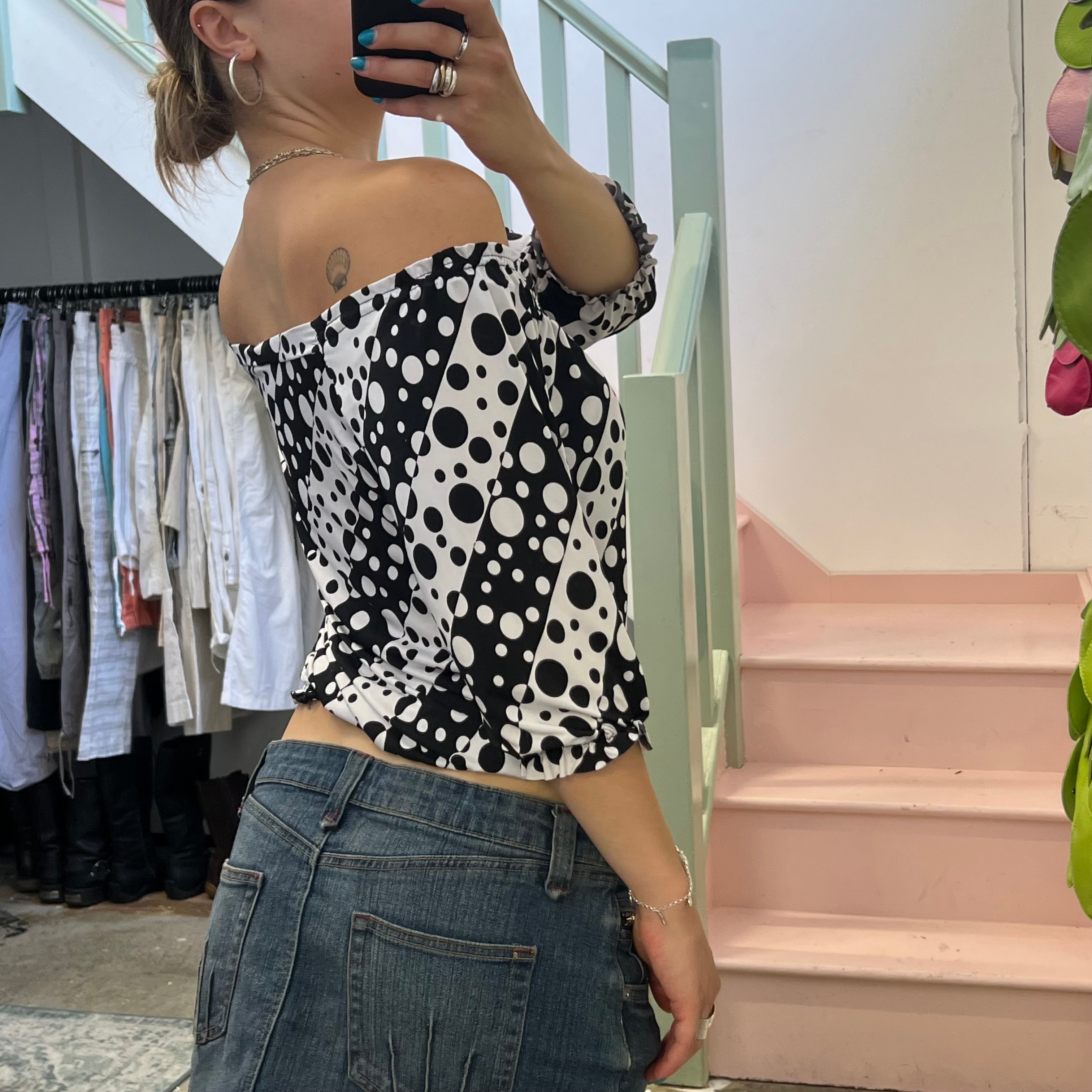 Black and white polka dot off shoulder top