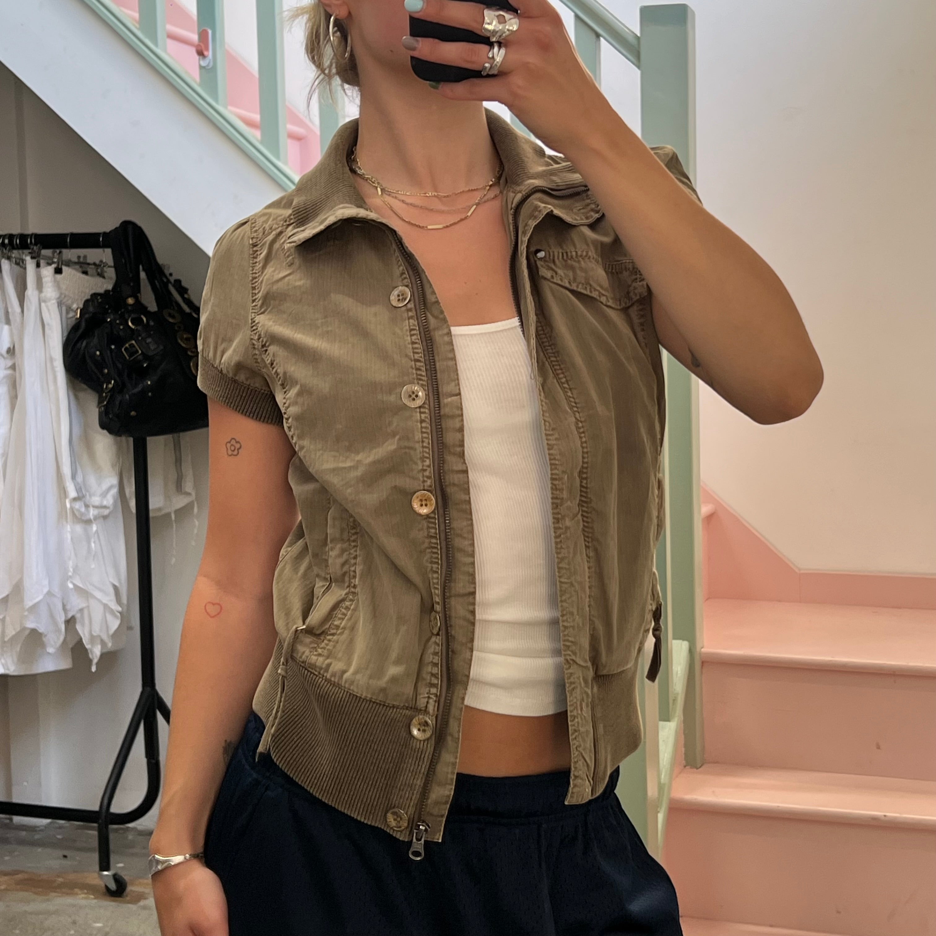 Khaki short sleeve utility bomber jacket
