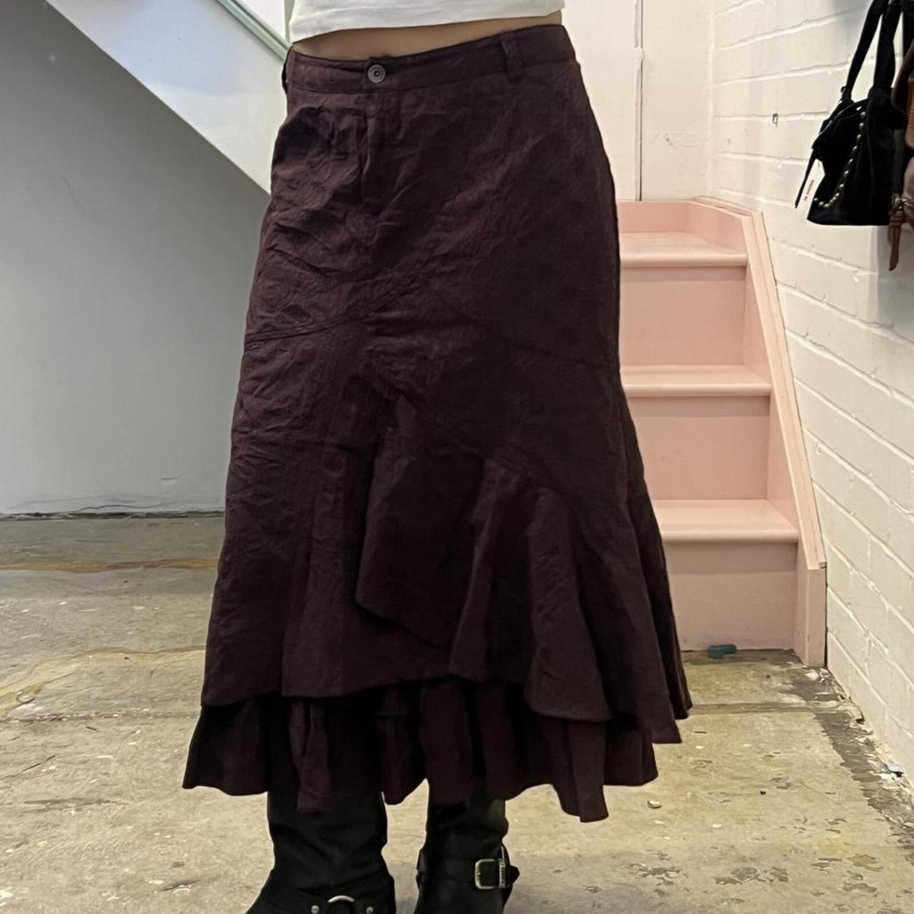 brown layered floaty vintage cargo utility style maxi skirt