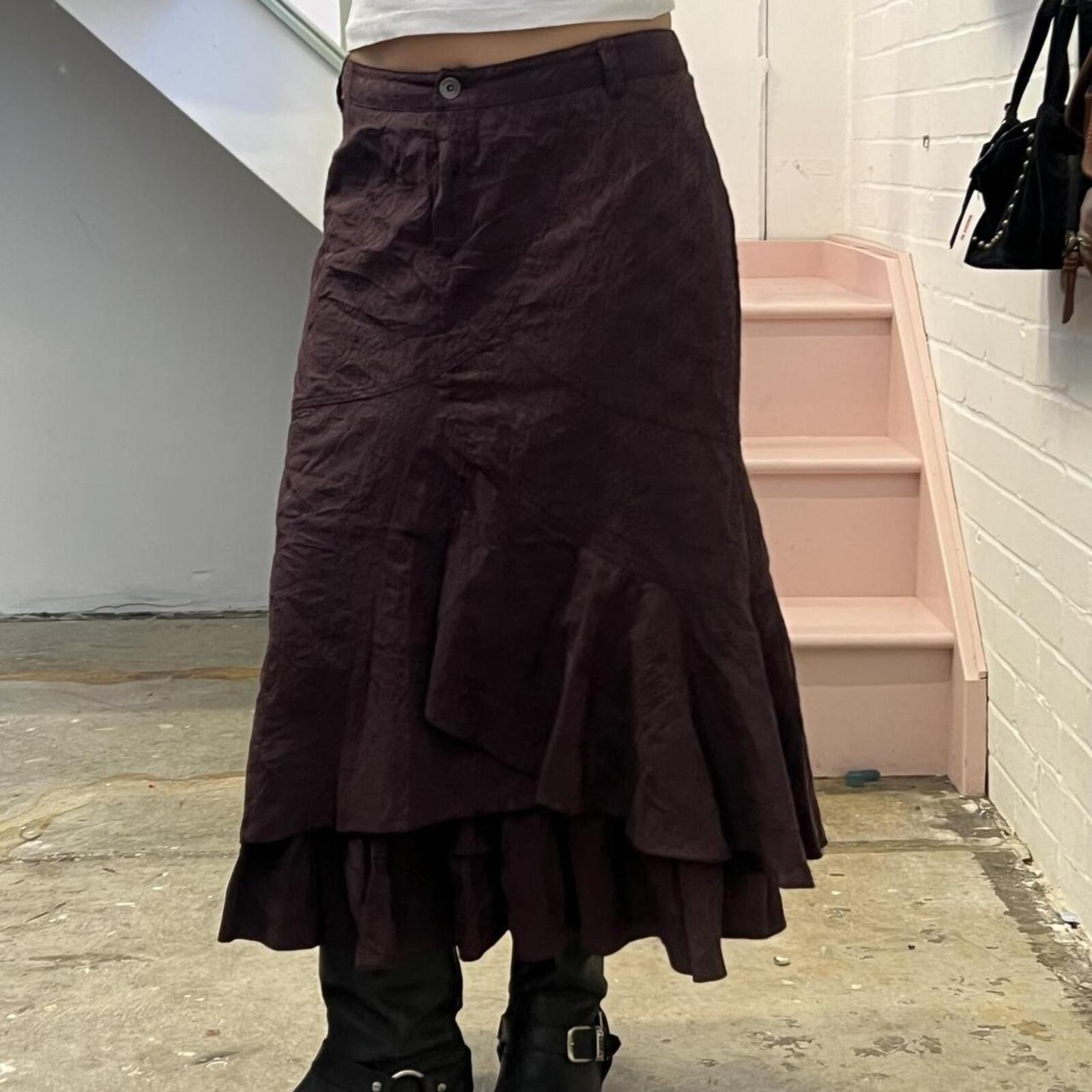 brown layered floaty vintage cargo utility style maxi skirt