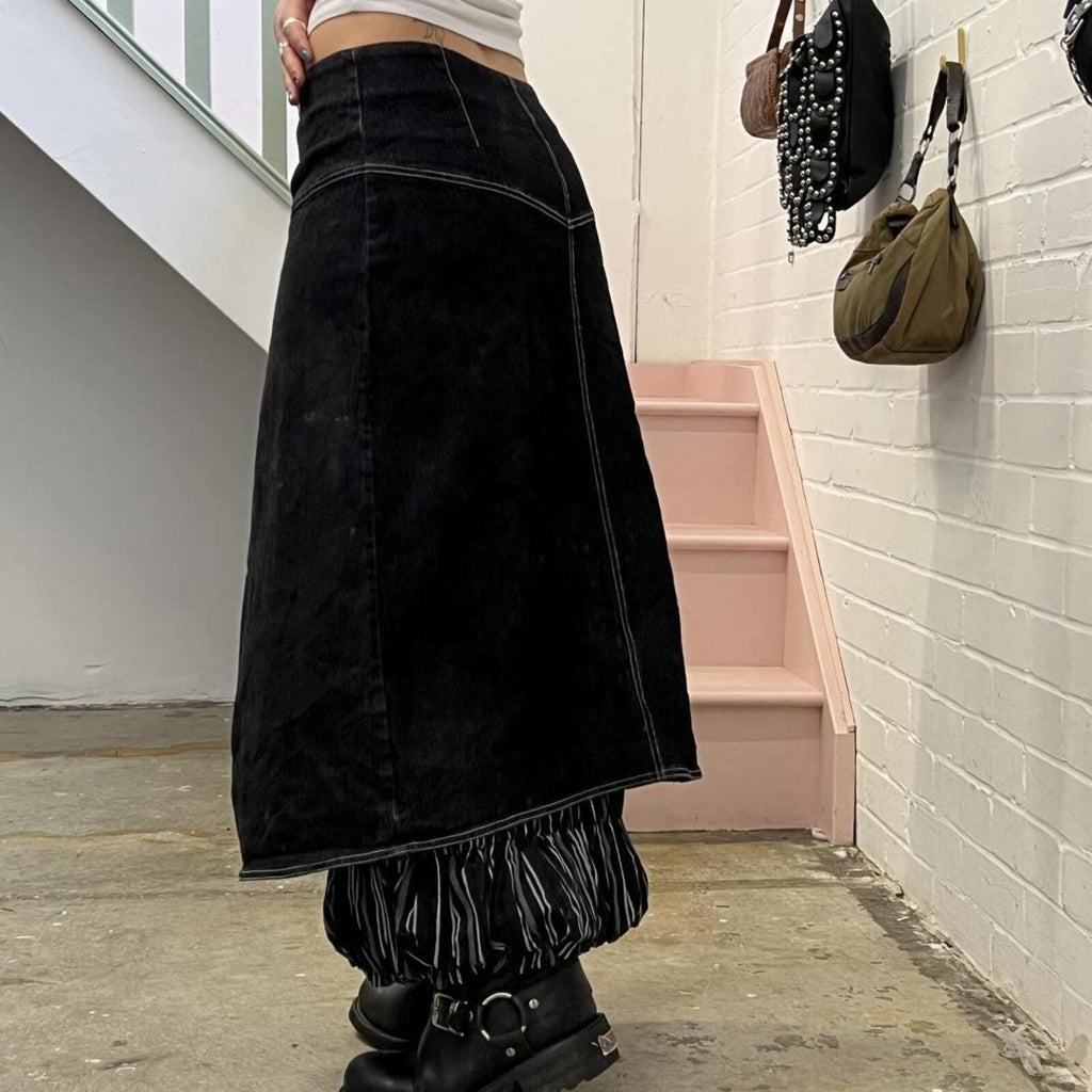 Black denim layered cargo maxi skirt with pinstripe layer and zip