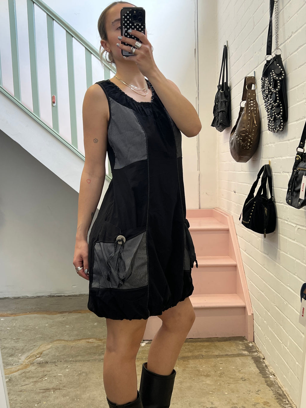 Black and grey utility style bubble mini dress