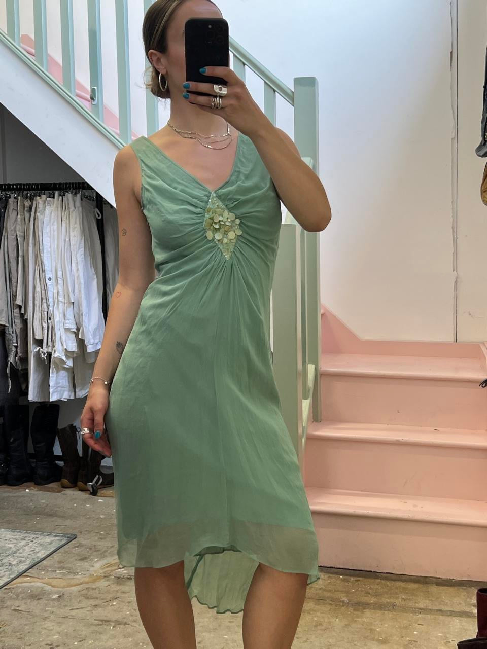 Teal silk sequin midi dress