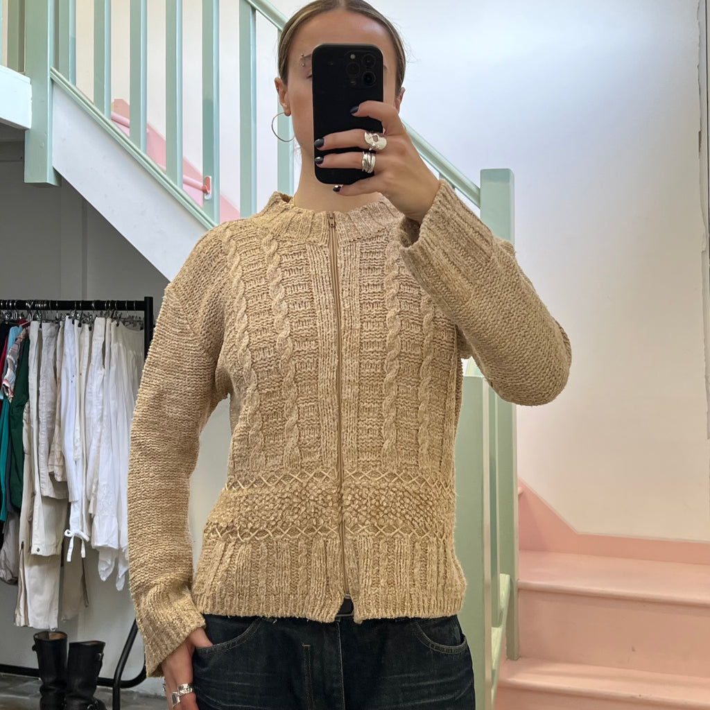 Cream chunky knit zip up cardigan