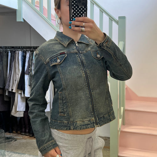 Acid wash zip up denim jacket