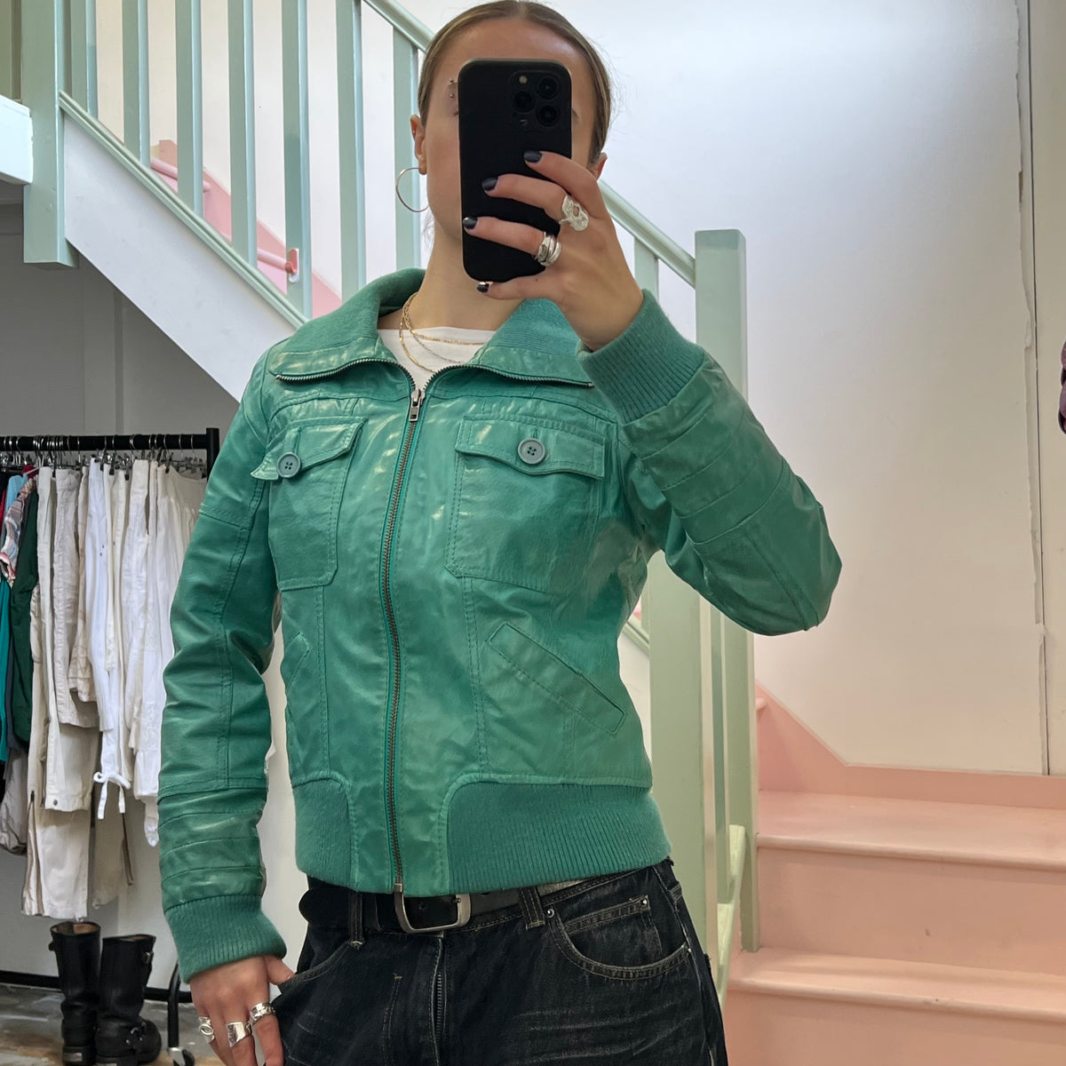 ONLY green leather bomber jacket