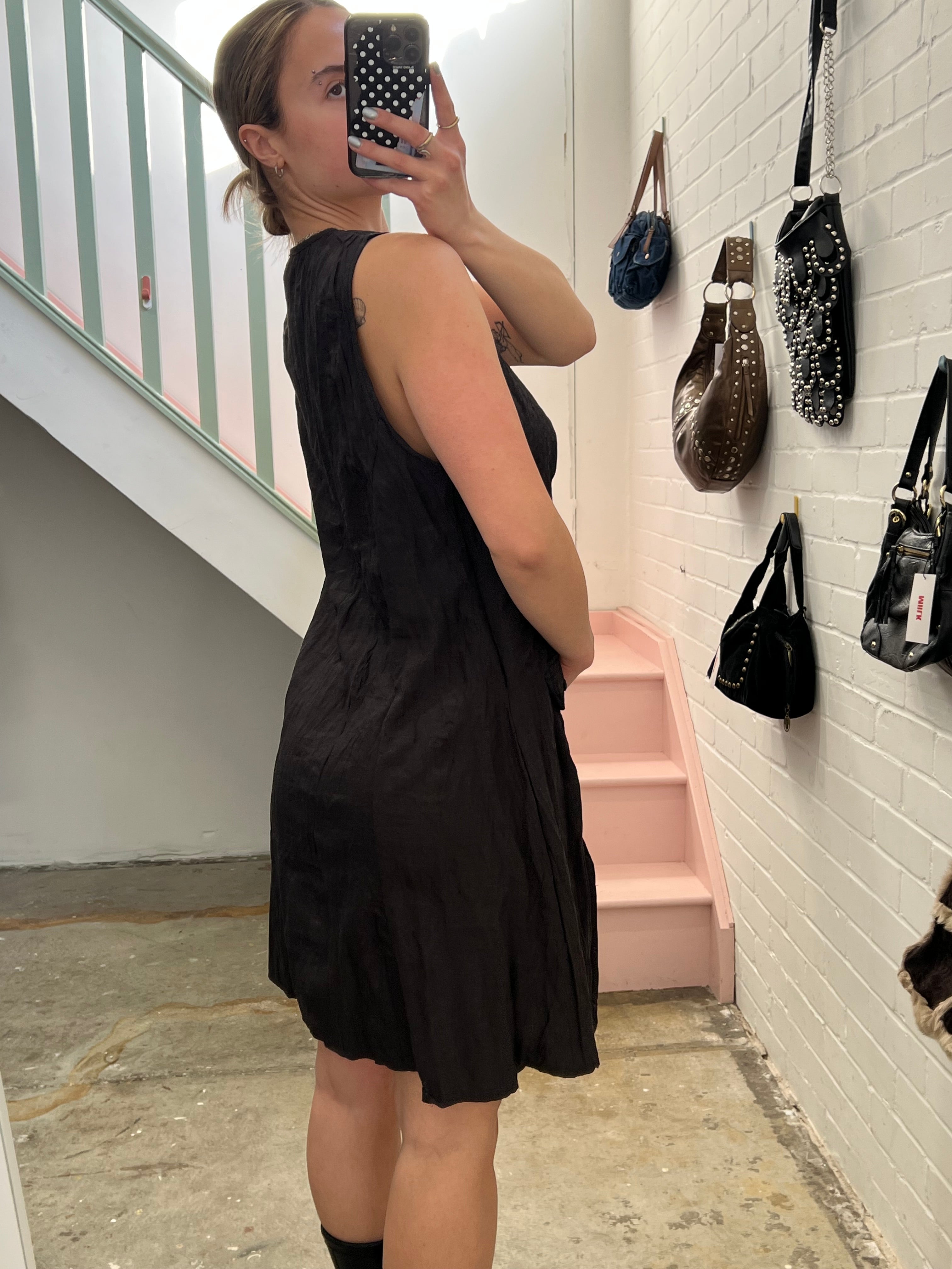 Grey brown crinkle floaty utility midi dress
