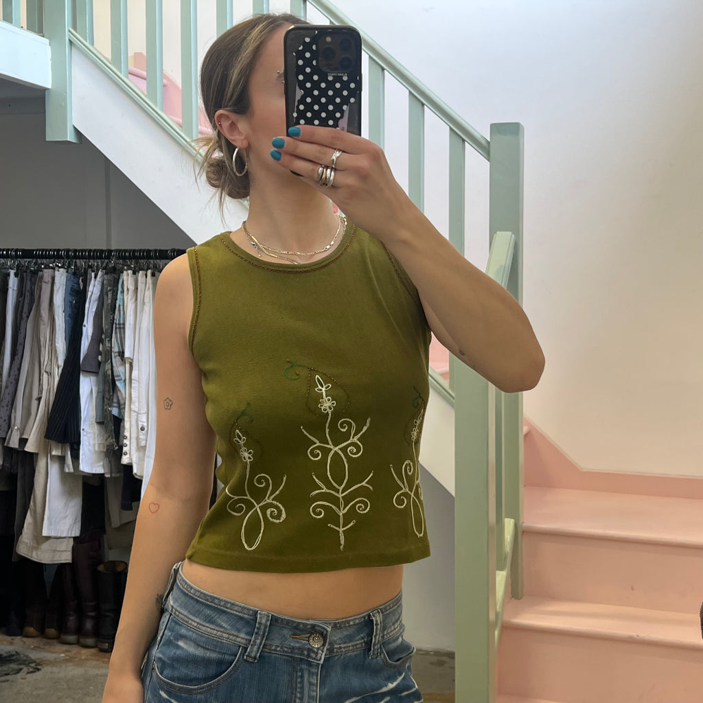 Khaki embroidered vest top