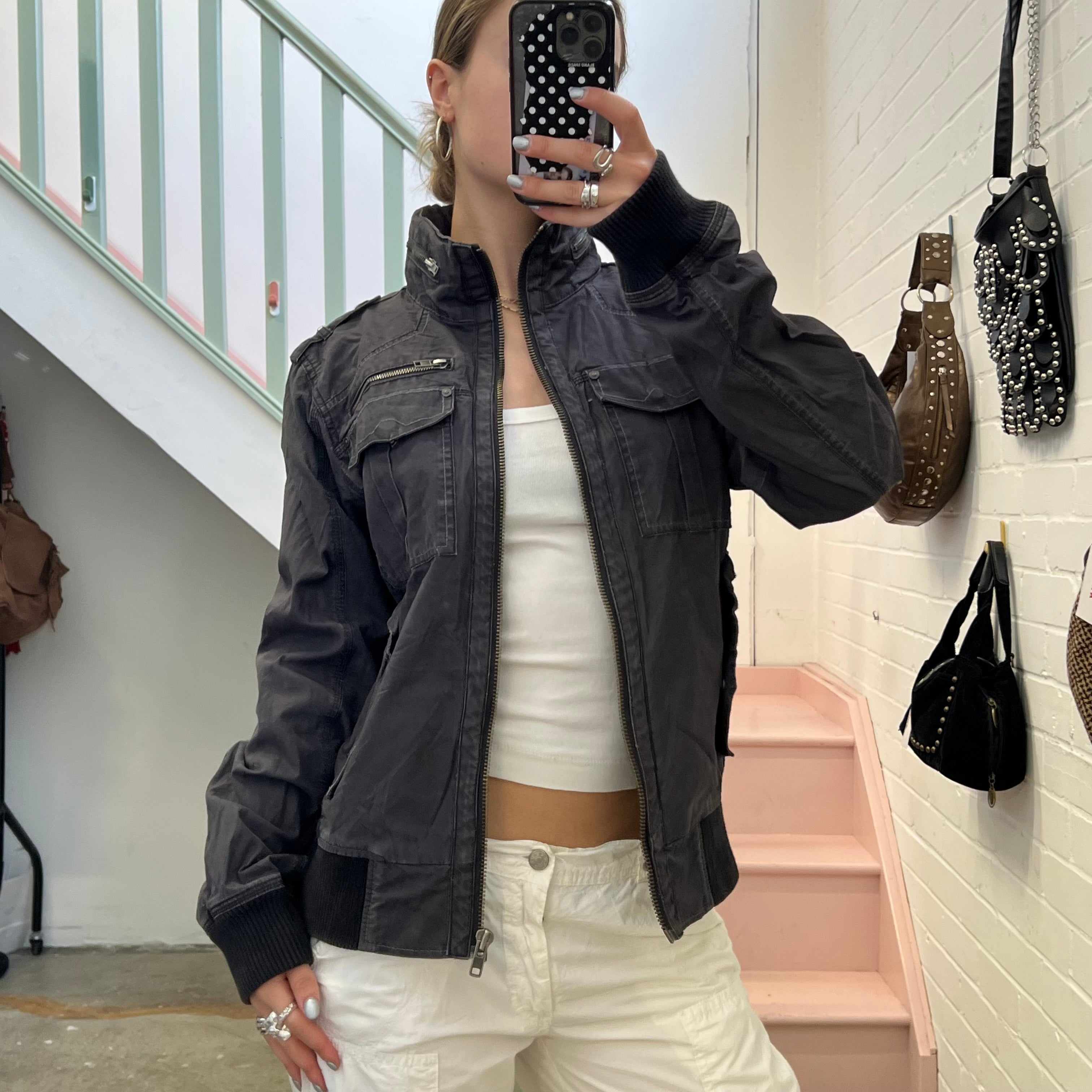 Navy grey oversized utility style bomber jacket