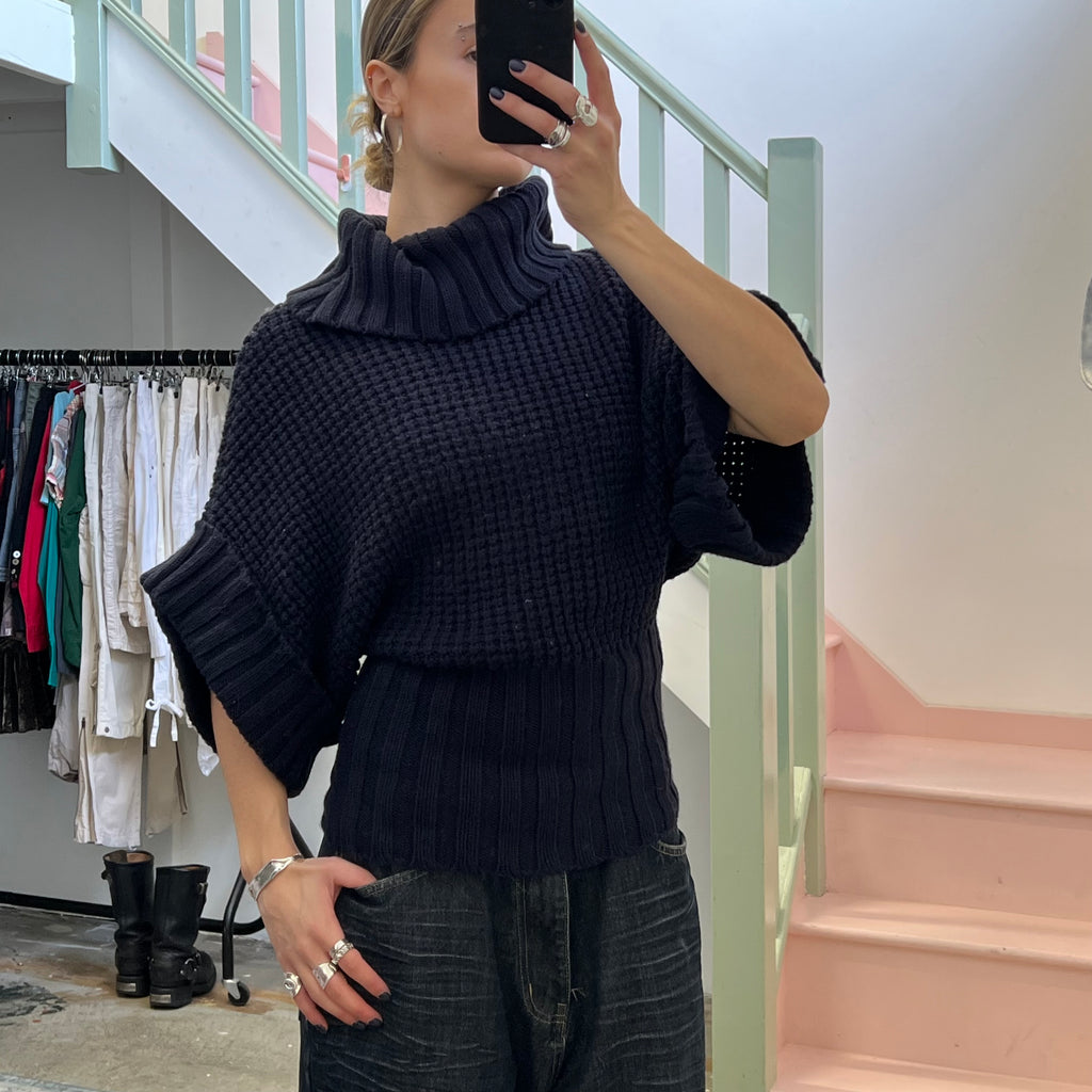 Navy chunky knit batwing roll neck sweater