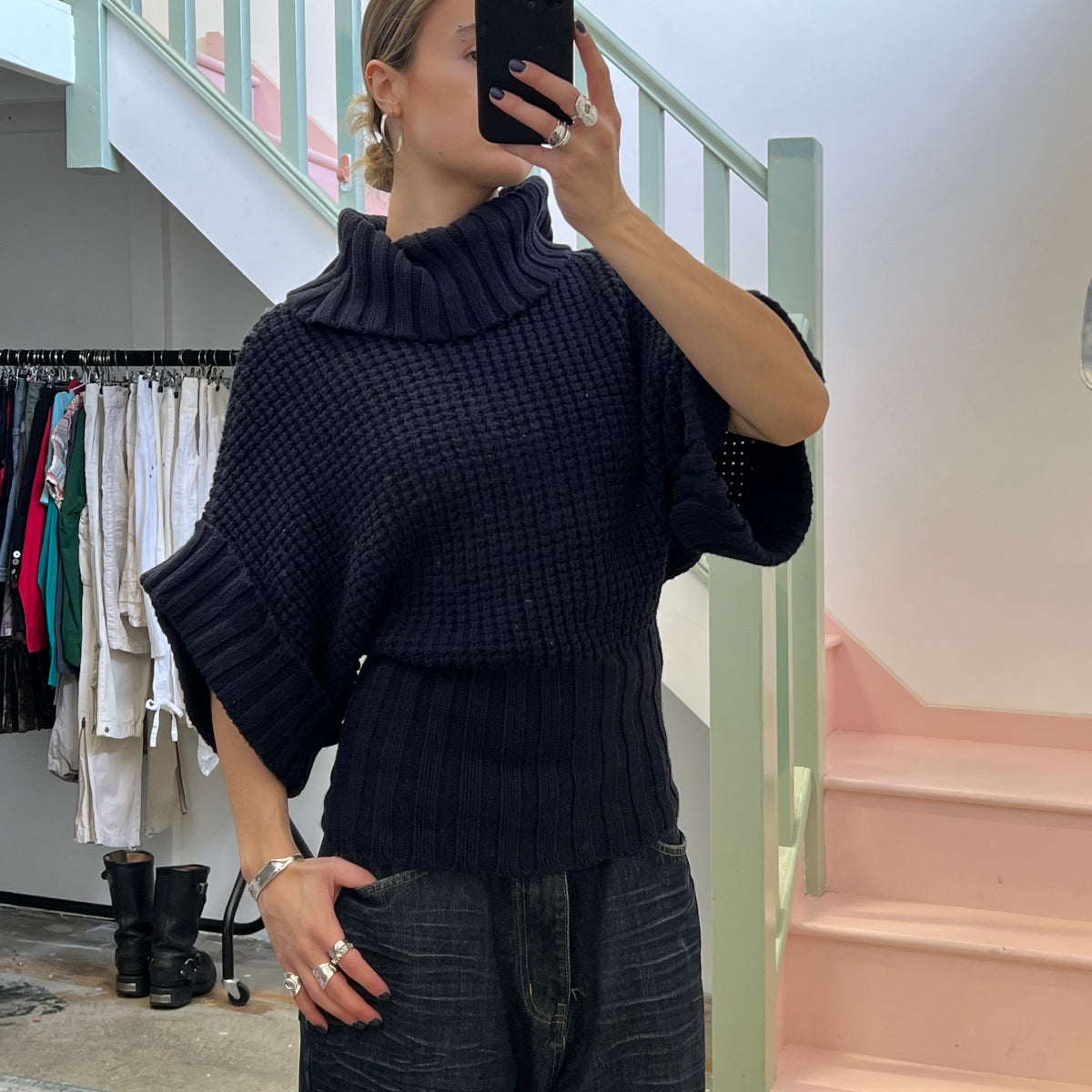 Navy chunky knit batwing roll neck sweater