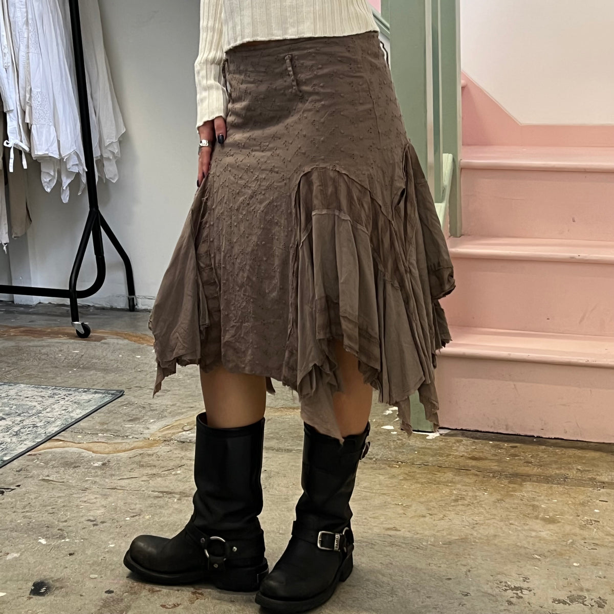 Brown ruffle patchwork asymmetrical midi skirt