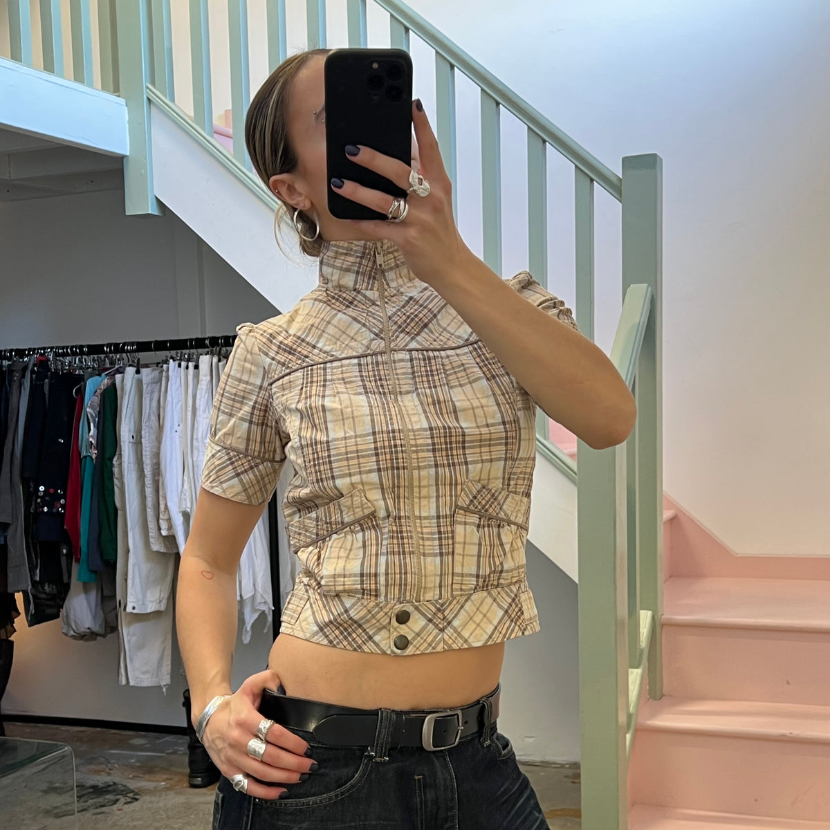 Cream and brown check short sleeve utility jacket