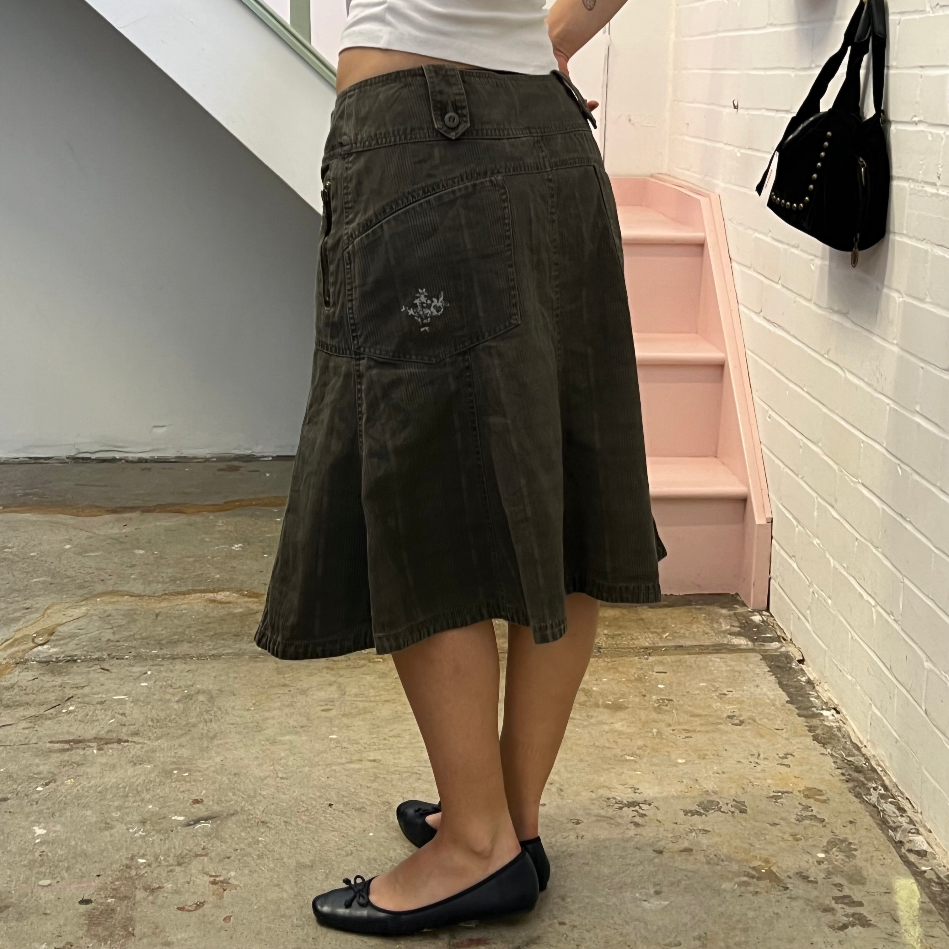Brown check denim midi skirt