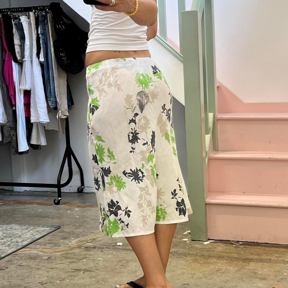 White and green floral midi skirt