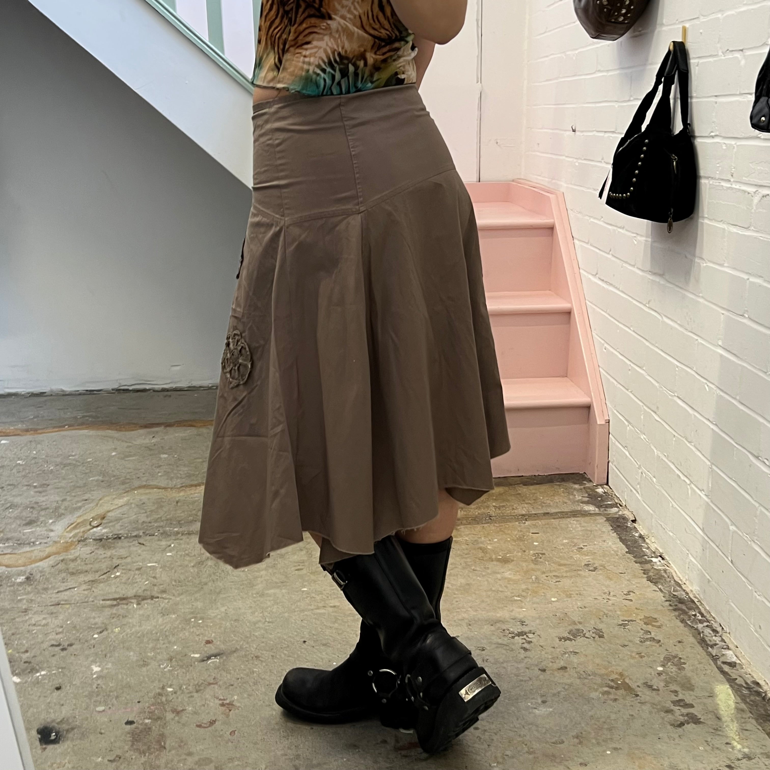 Khaki embroidered asymmetrical midi skirt
