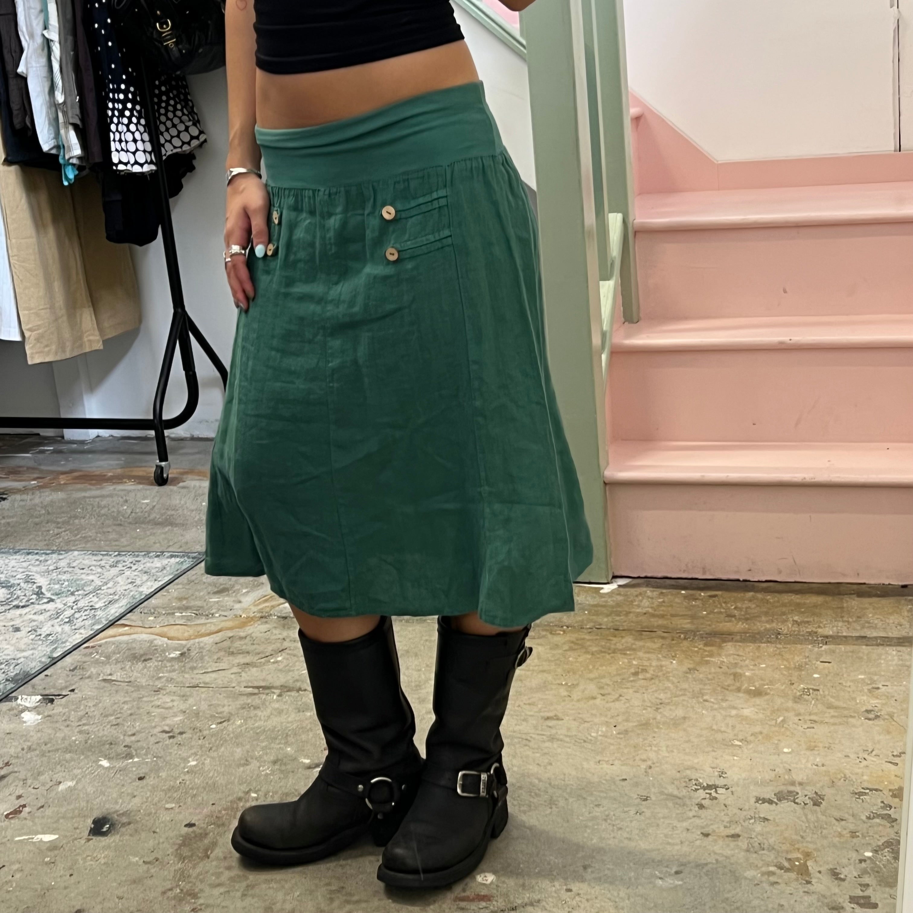 Green linen fold waist midi skirt