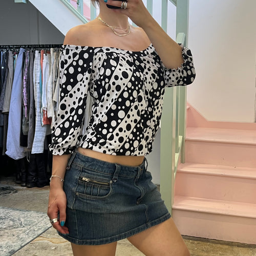 Black and white polka dot off shoulder top