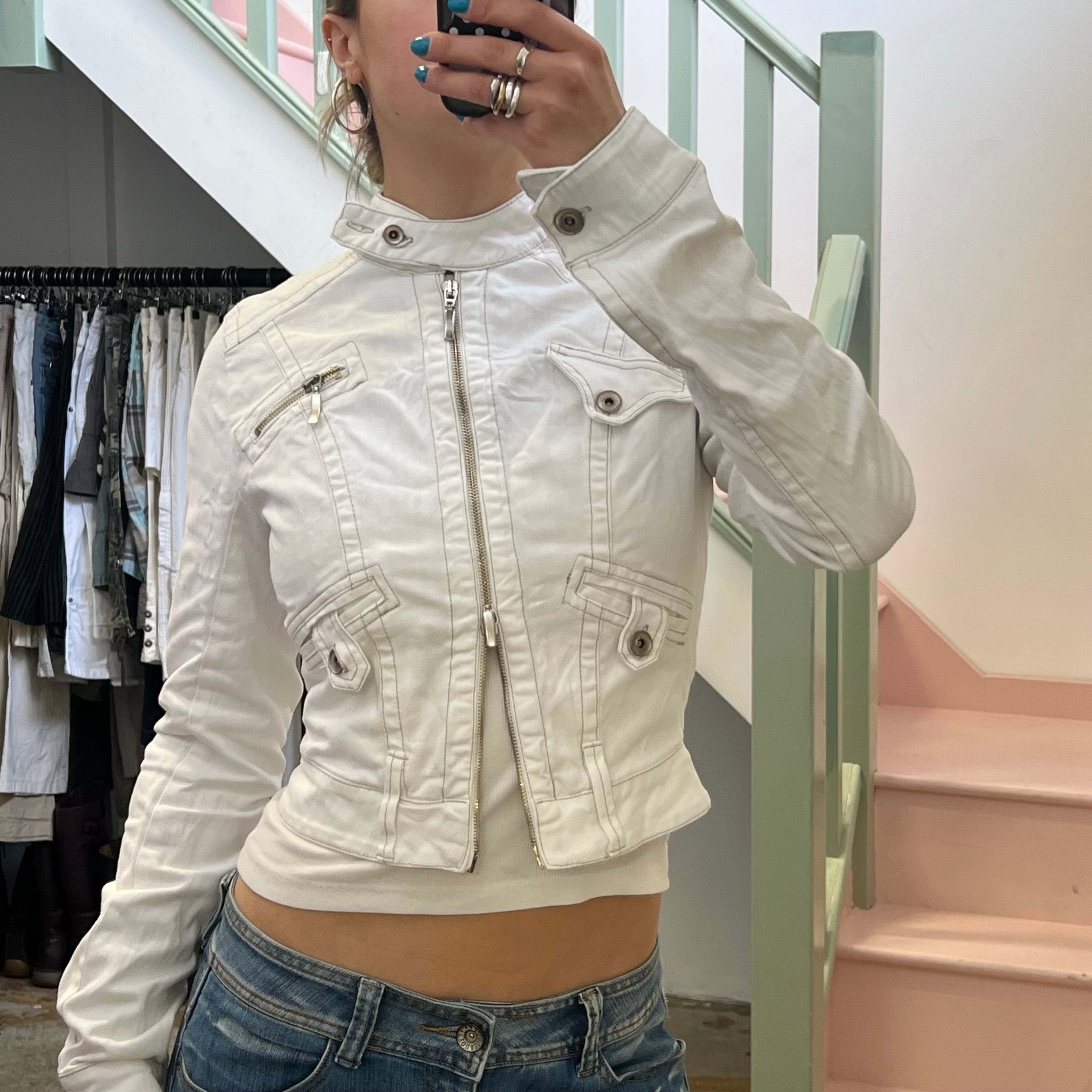 White denim zip up biker jacket
