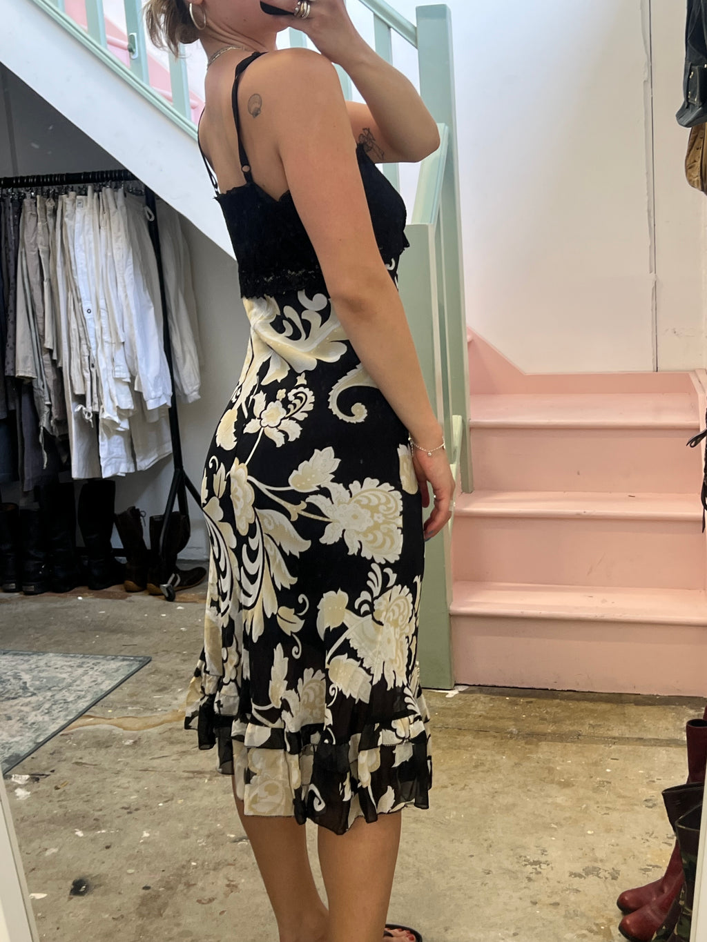 Black and cream paisley print lace trim slip dress