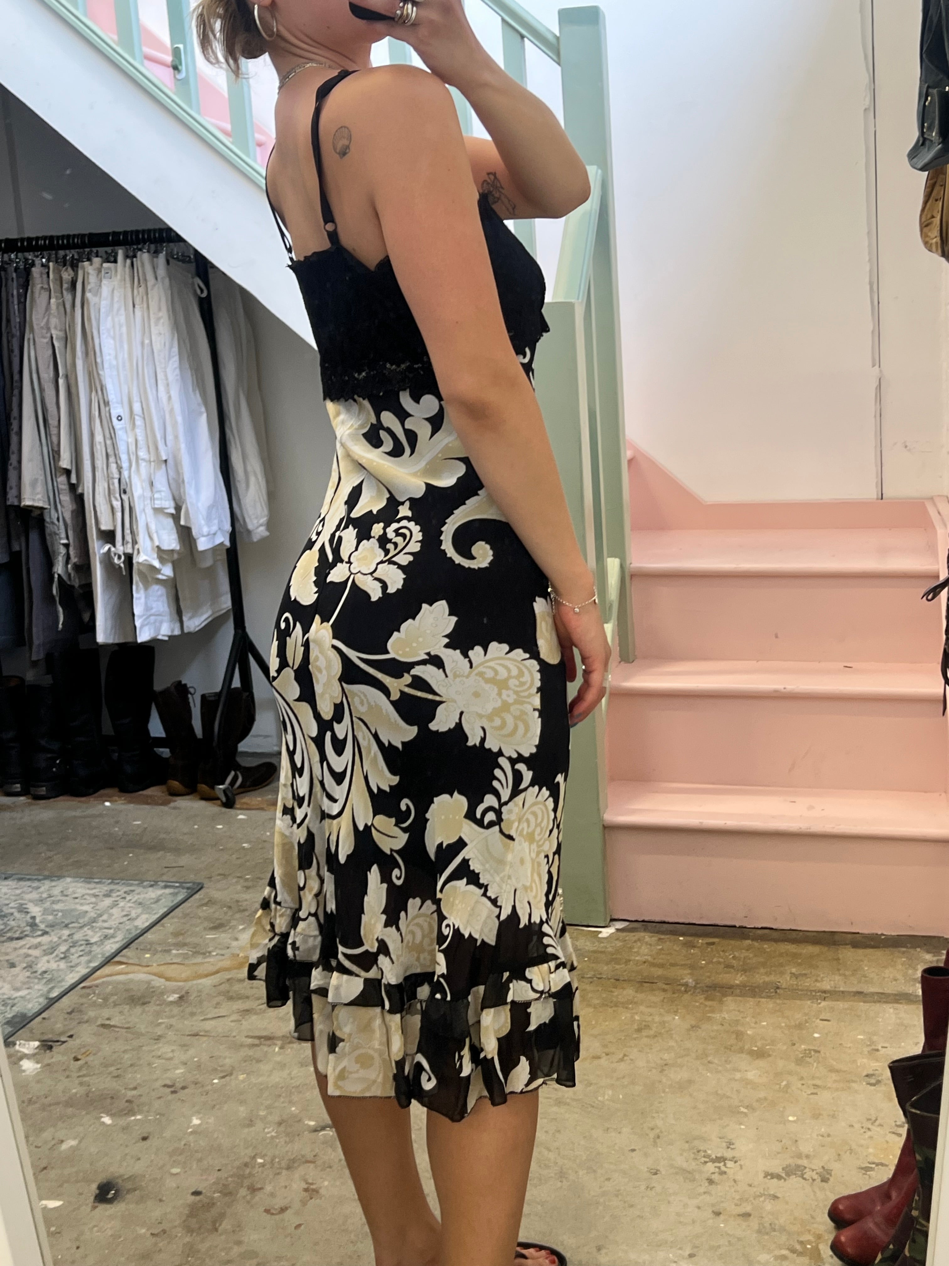 Black and cream paisley print lace trim slip dress