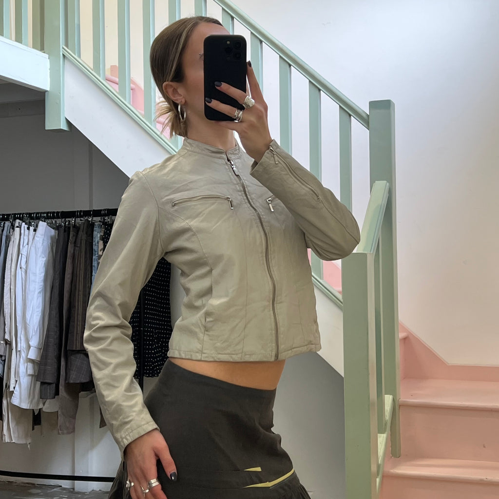 Cream zip up fitted leather jacket