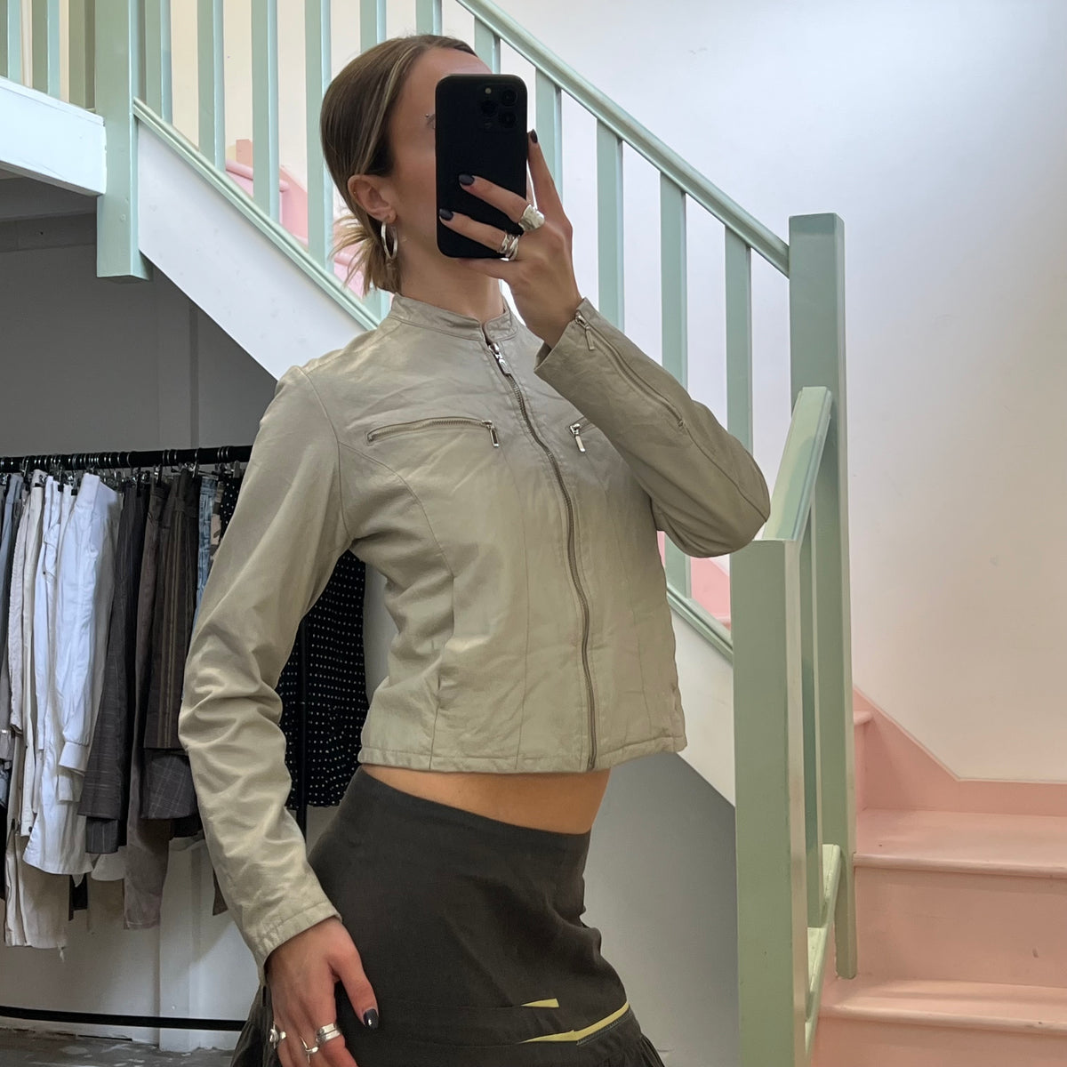 Cream zip up fitted leather jacket