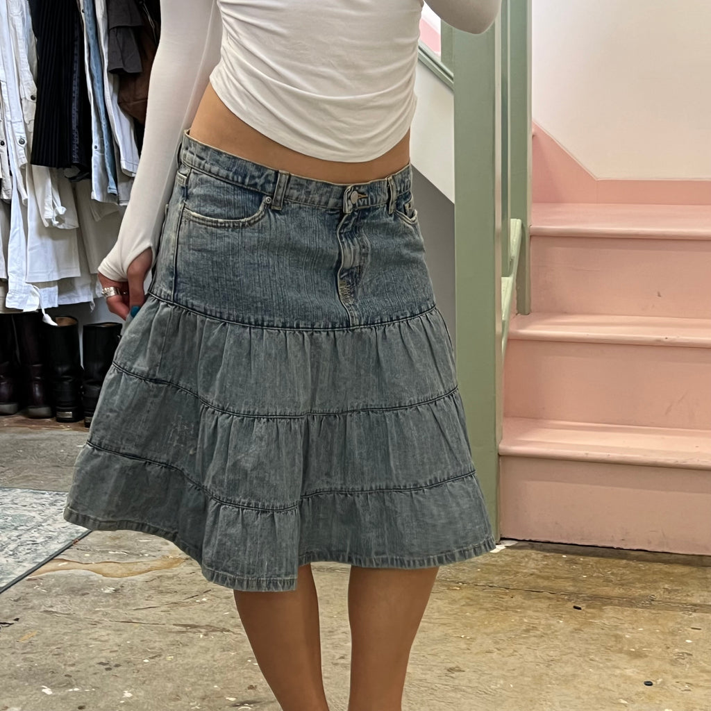 Light wash tiered denim midi skirt