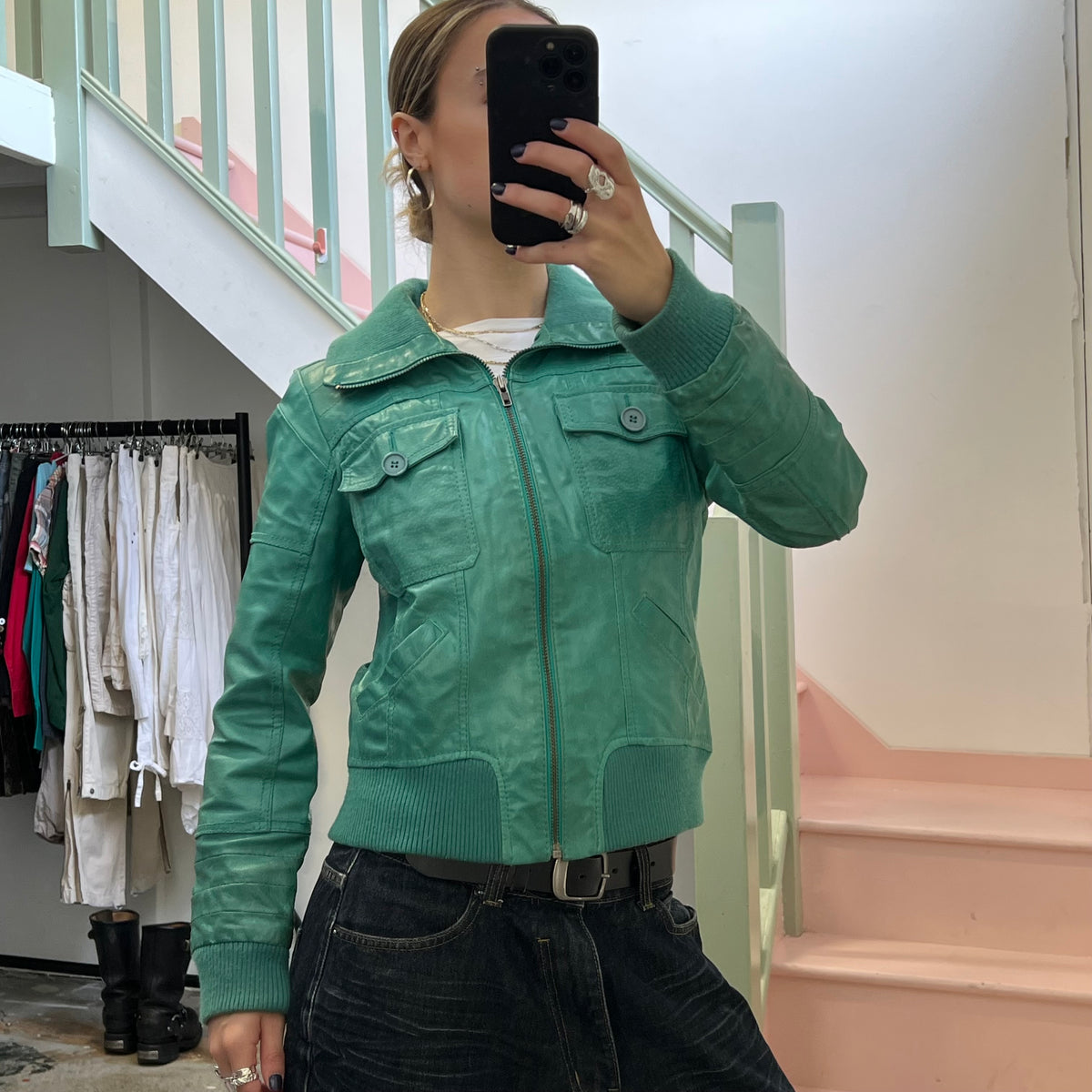 ONLY green leather bomber jacket