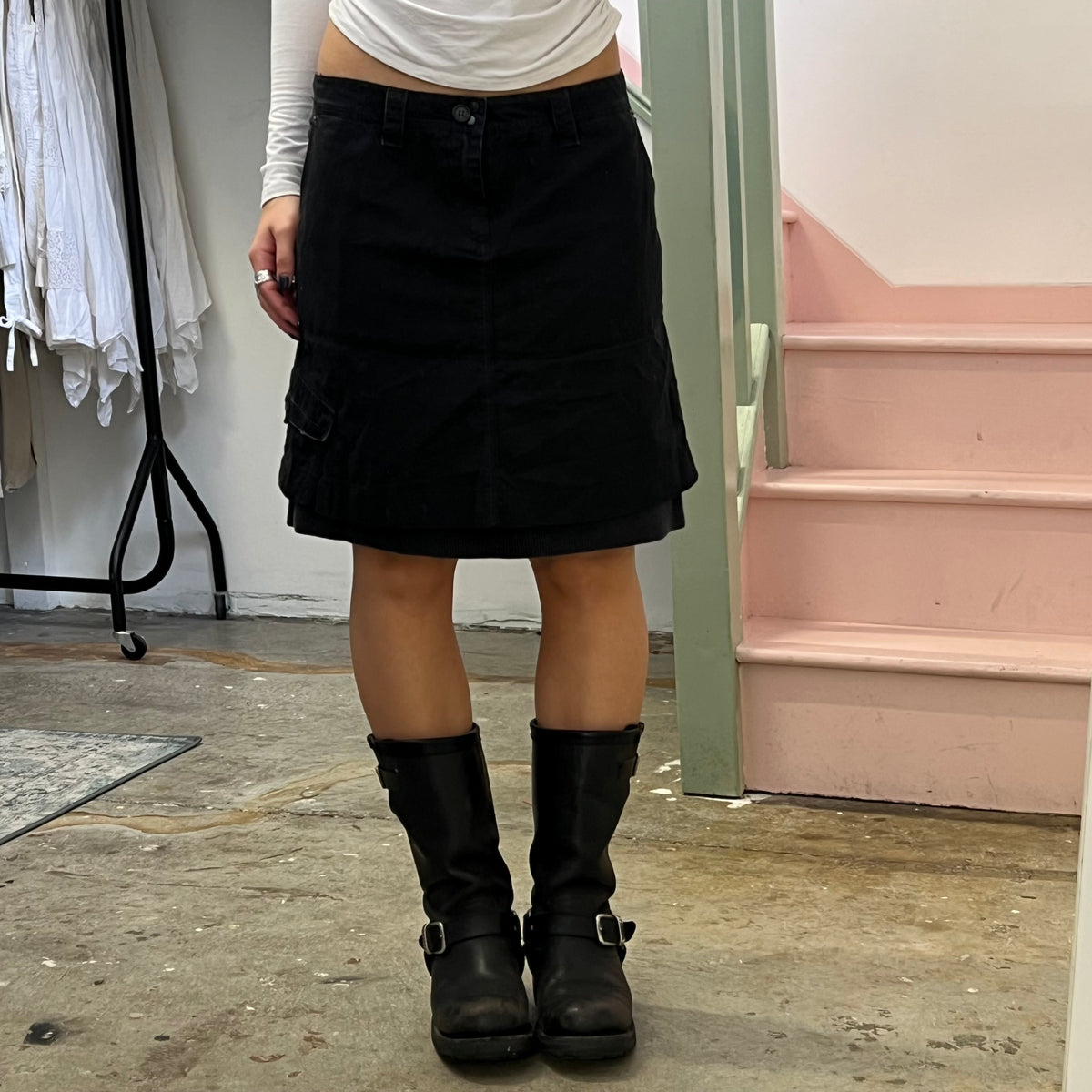 Black layered cargo knee length skirt
