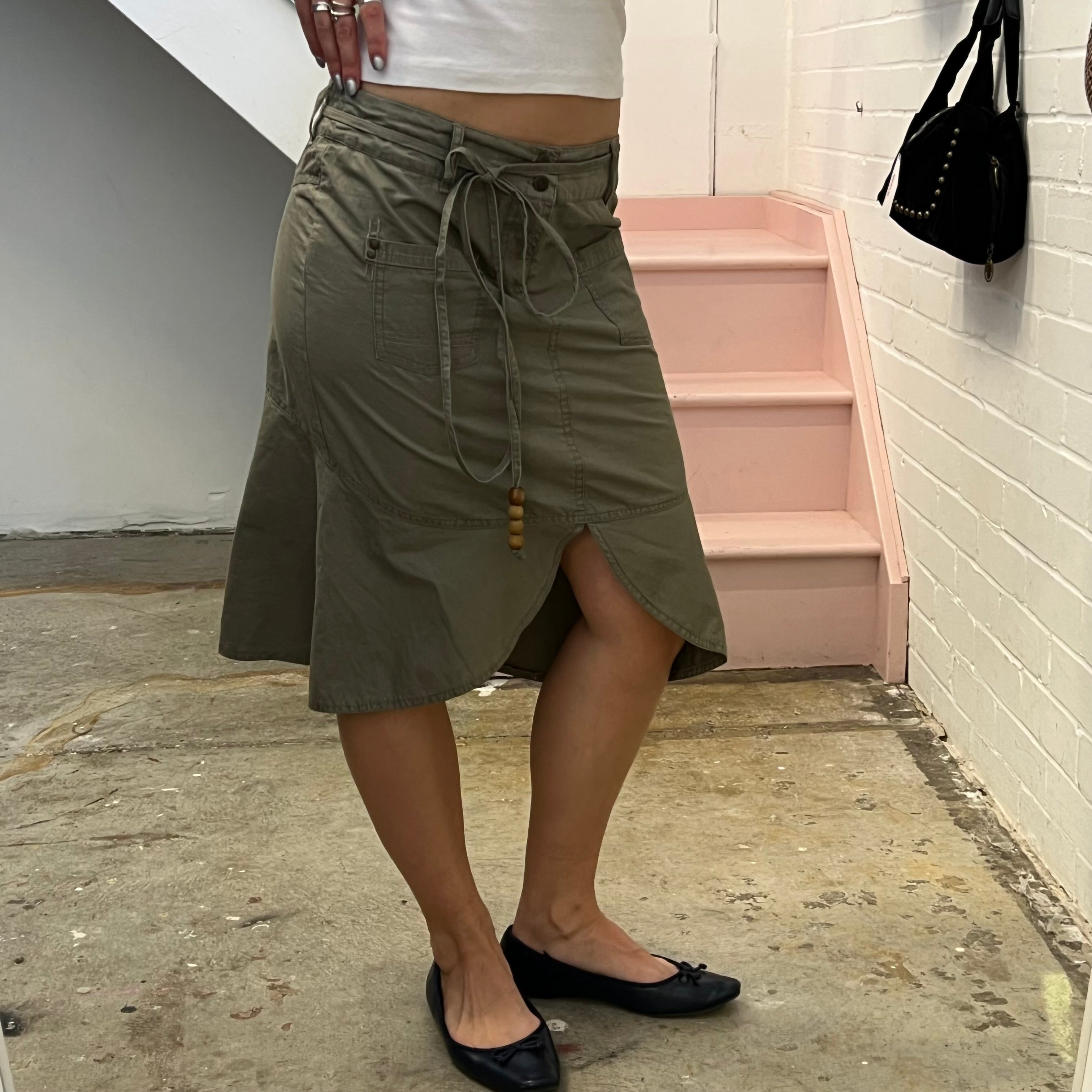 Khaki asymmetrical midi skirt with tie waist