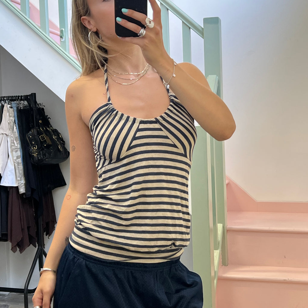 Navy and cream striped slouchy halter neck top