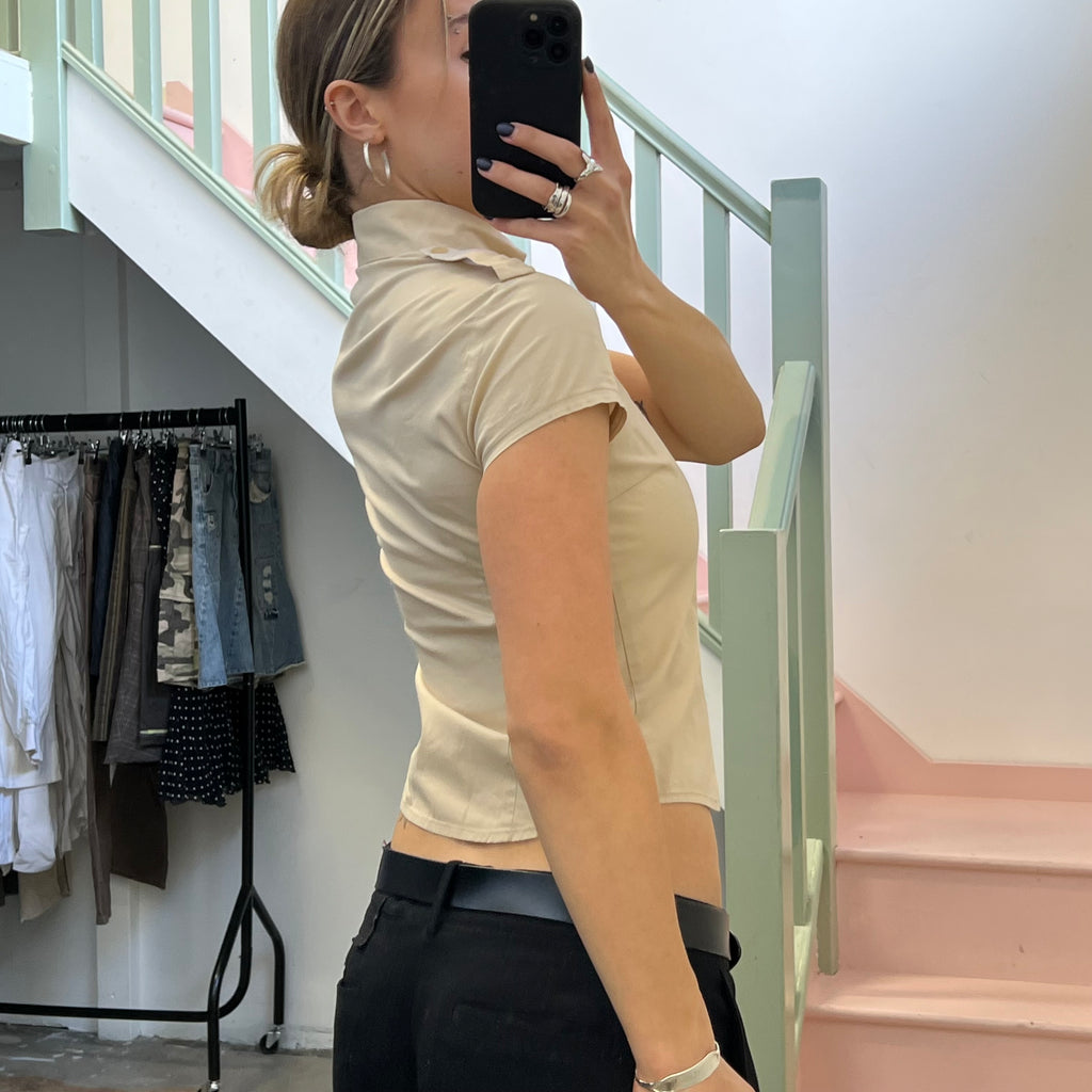 Cream zip up fitted shirt