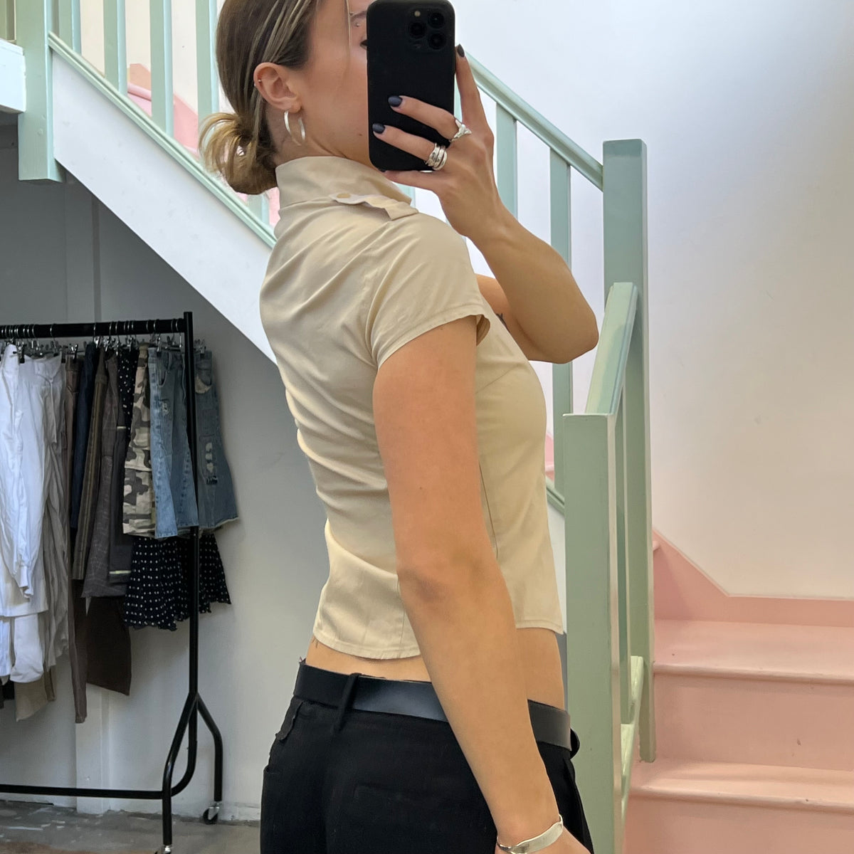 Cream zip up fitted shirt