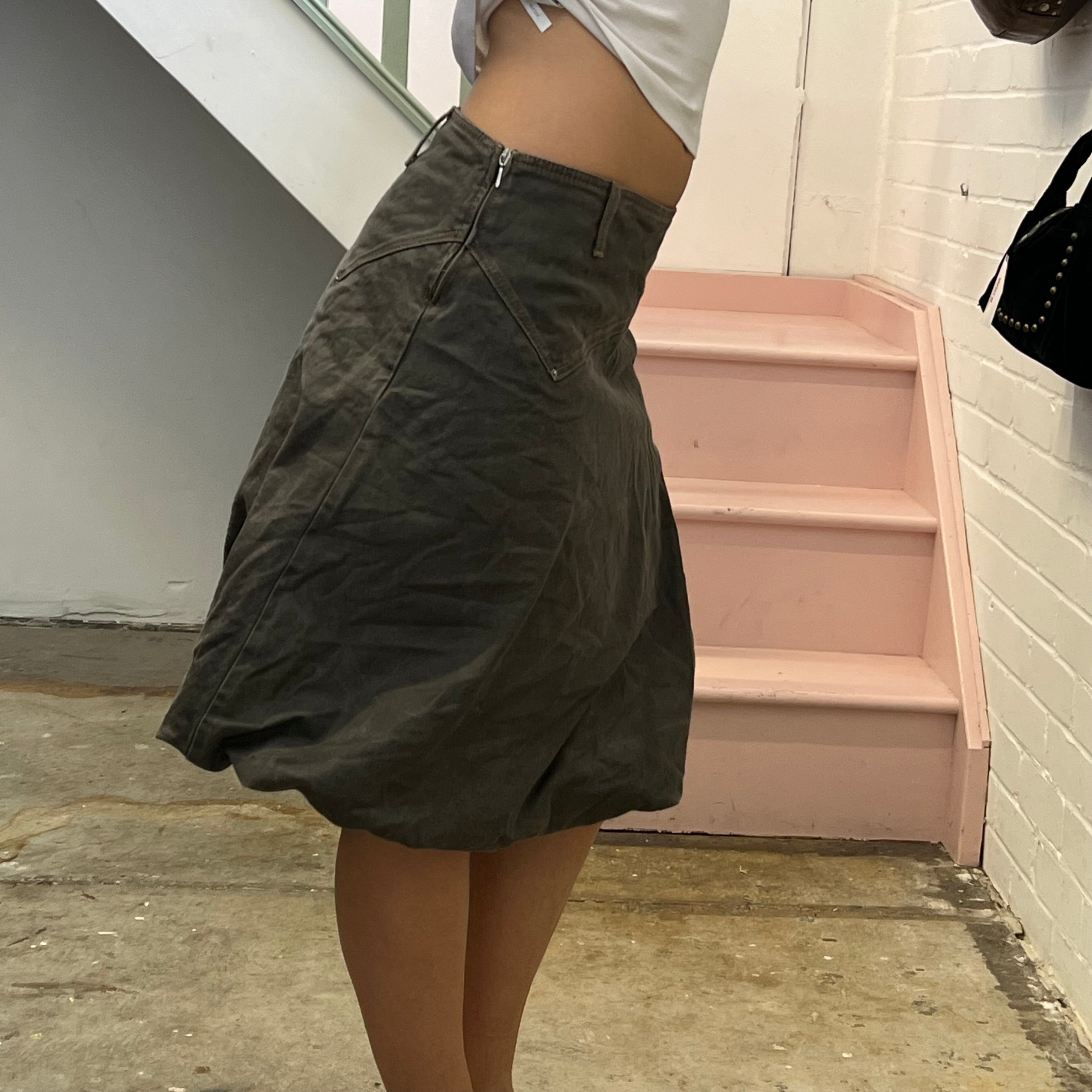 Benetton khaki denim bubble hem midi skirt