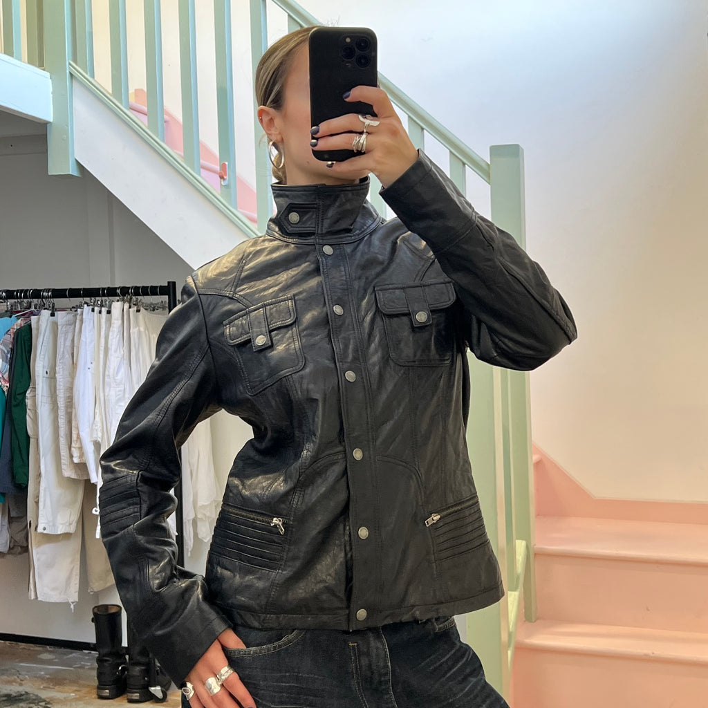 Black leather button up utility jacket