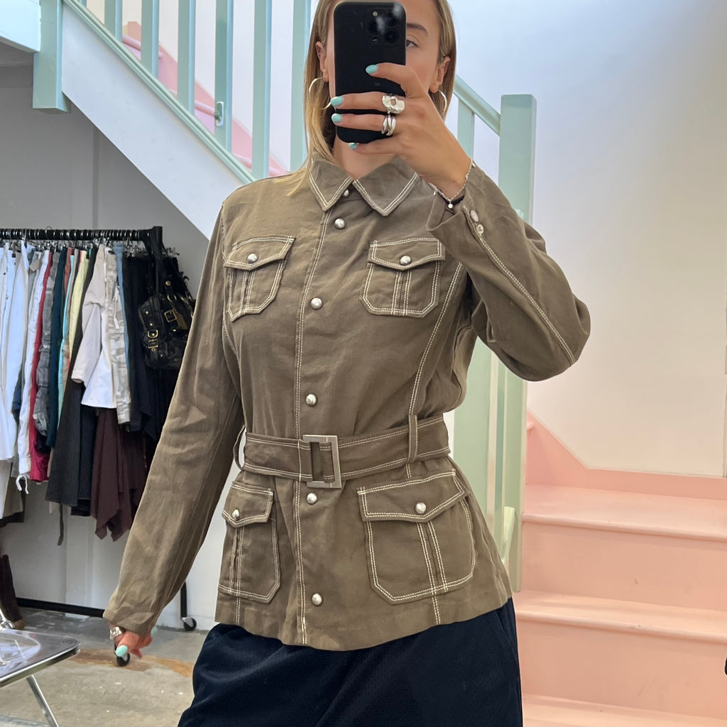 Khaki linen button up belted jacket