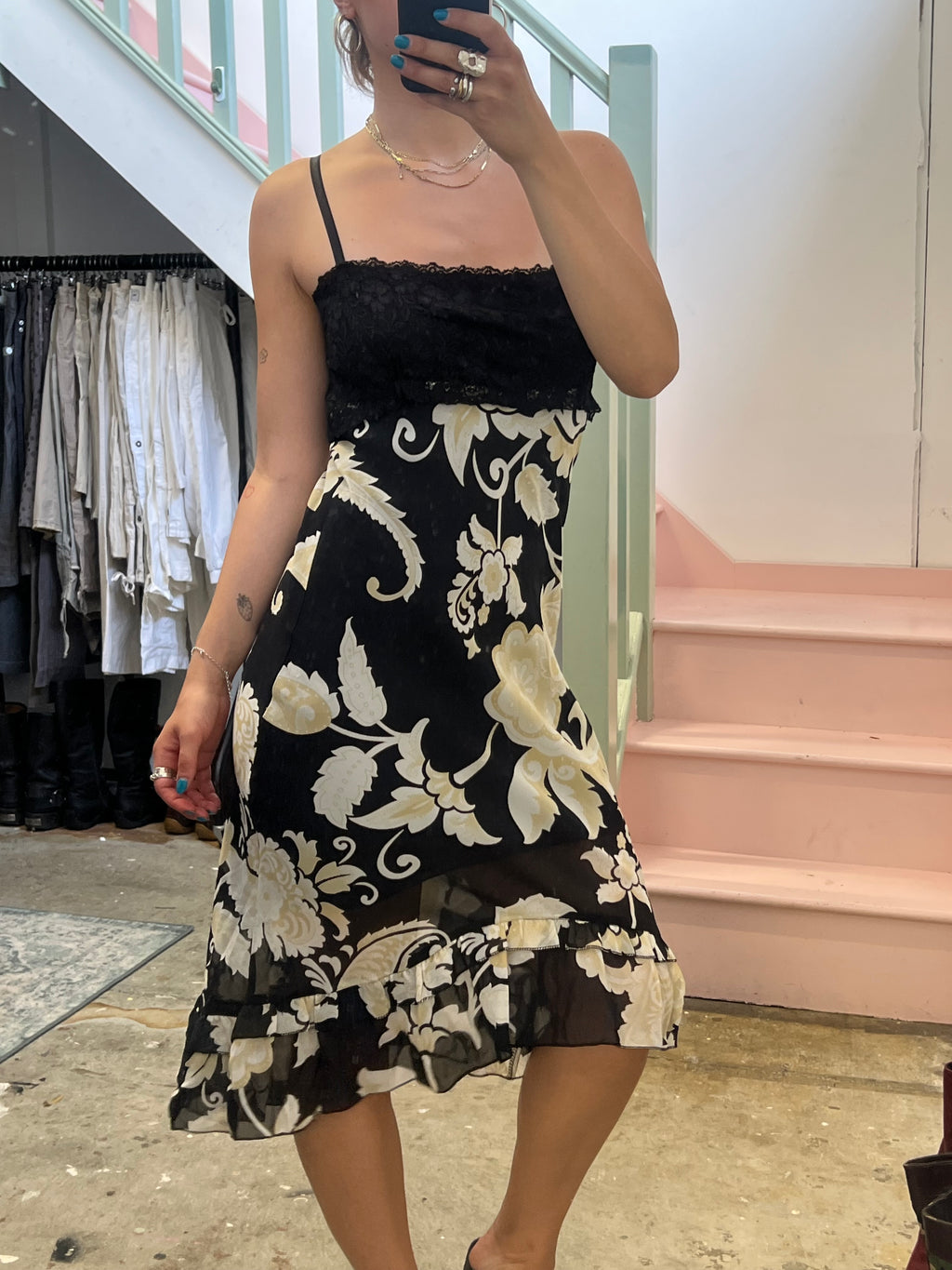 Black and cream paisley print lace trim slip dress