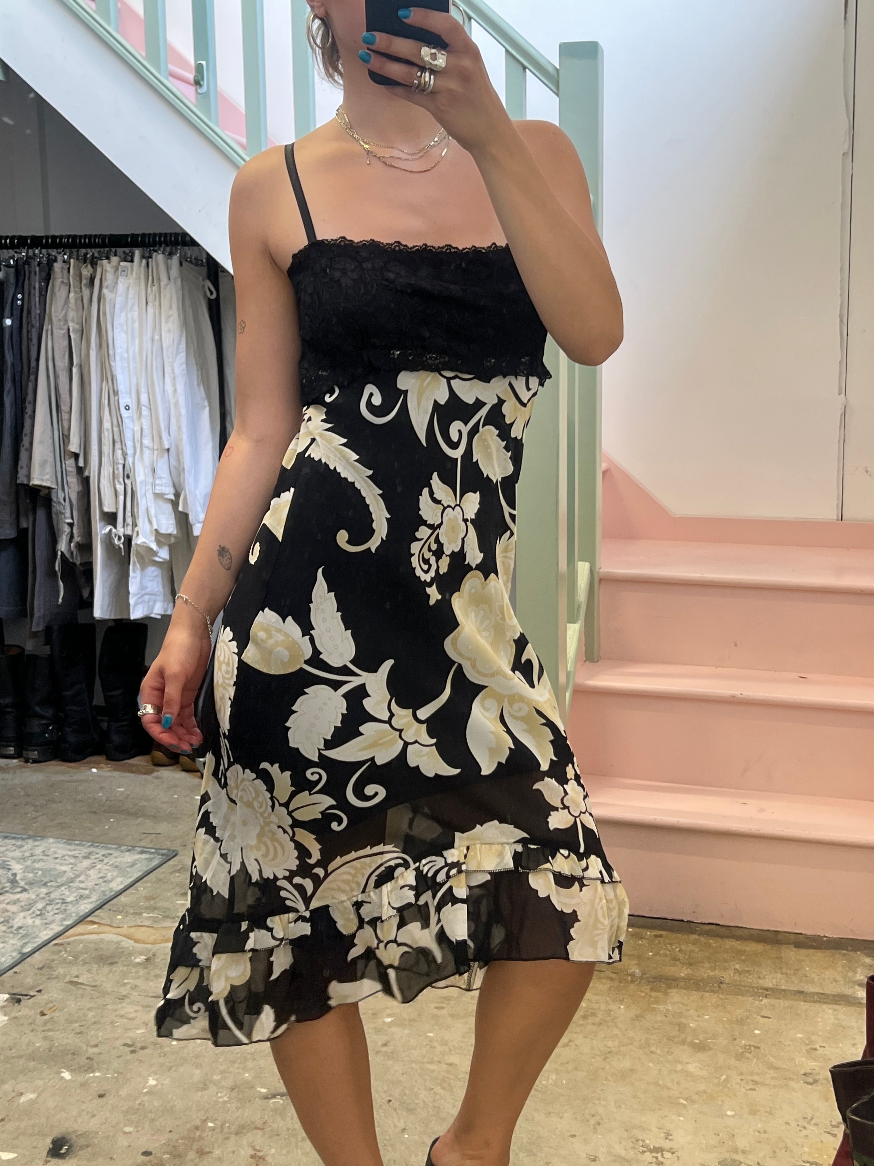 Black and cream paisley print lace trim slip dress